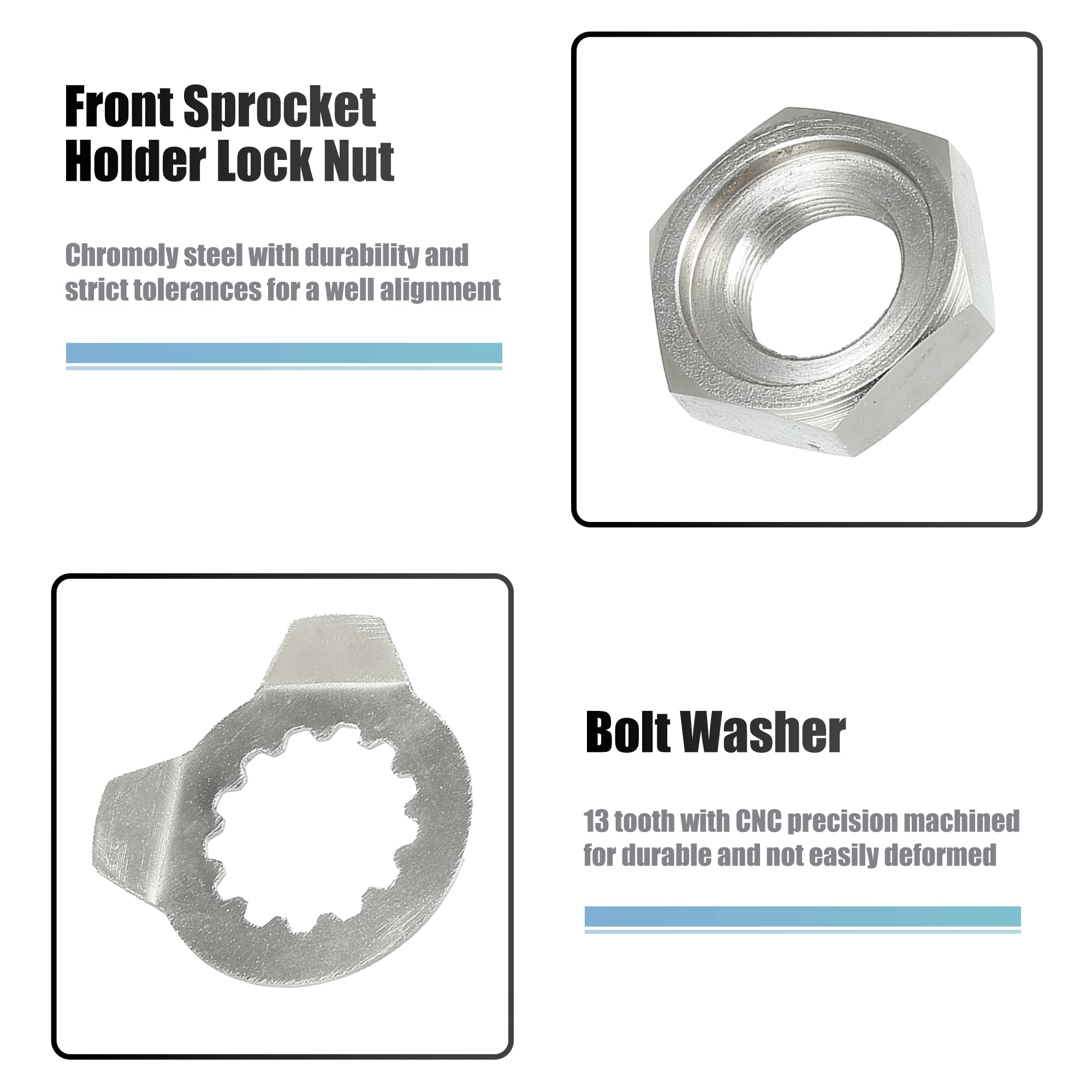 Motoforti 2Pcs Front Sprocket Holder Lock Nut & Bolt Washer 13 Tooth For Yamaha 660R Yfm660R 2001-2005 Atv 90179-18020 90215-21256 Metal Silver Tone