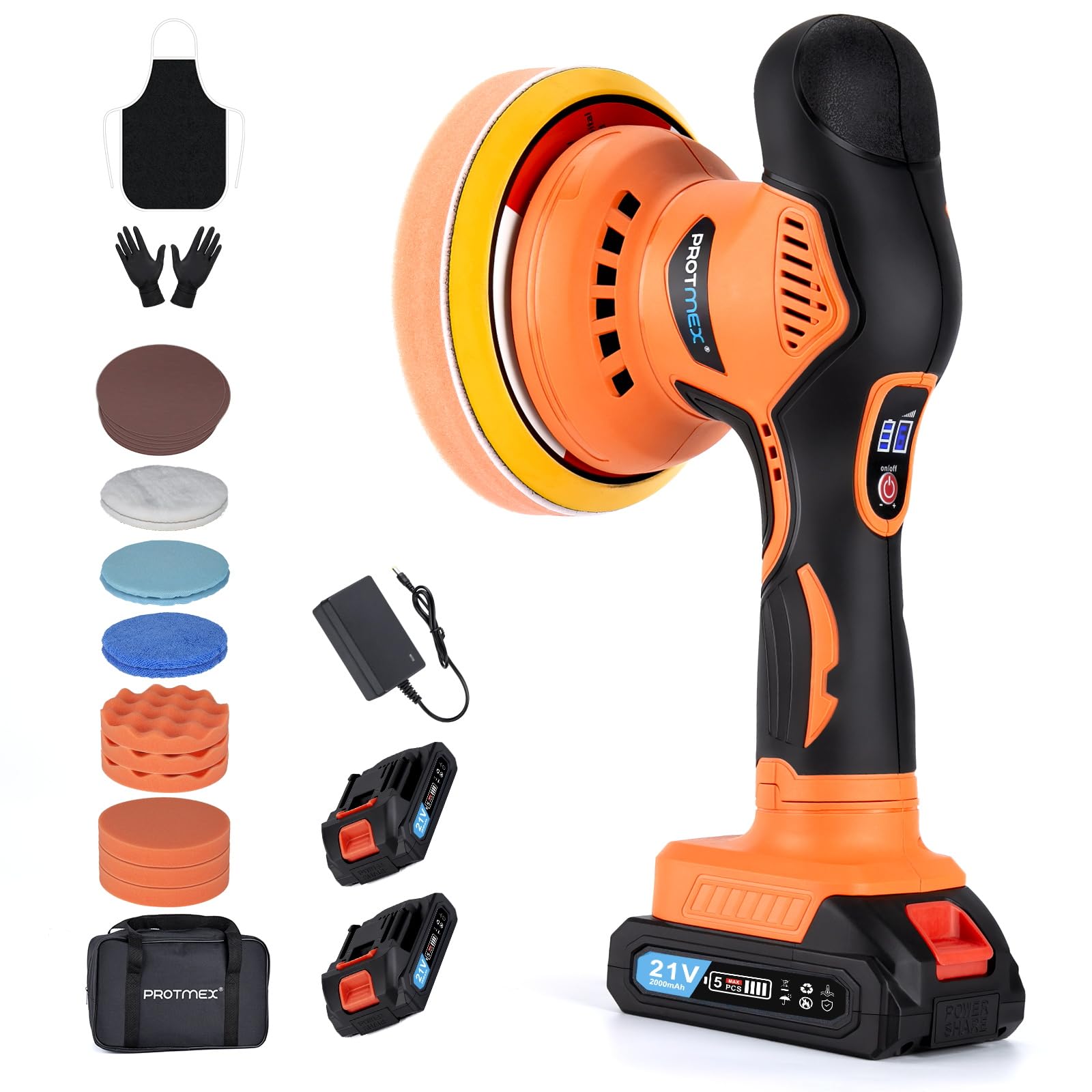 Cordless Car Buffer Polisher w/ 2x2000mAh 21V Batteries, 6 Inch Car buffer Waxer Kit, Car Polishing Machine w/ Extra 18 PCS Atta
