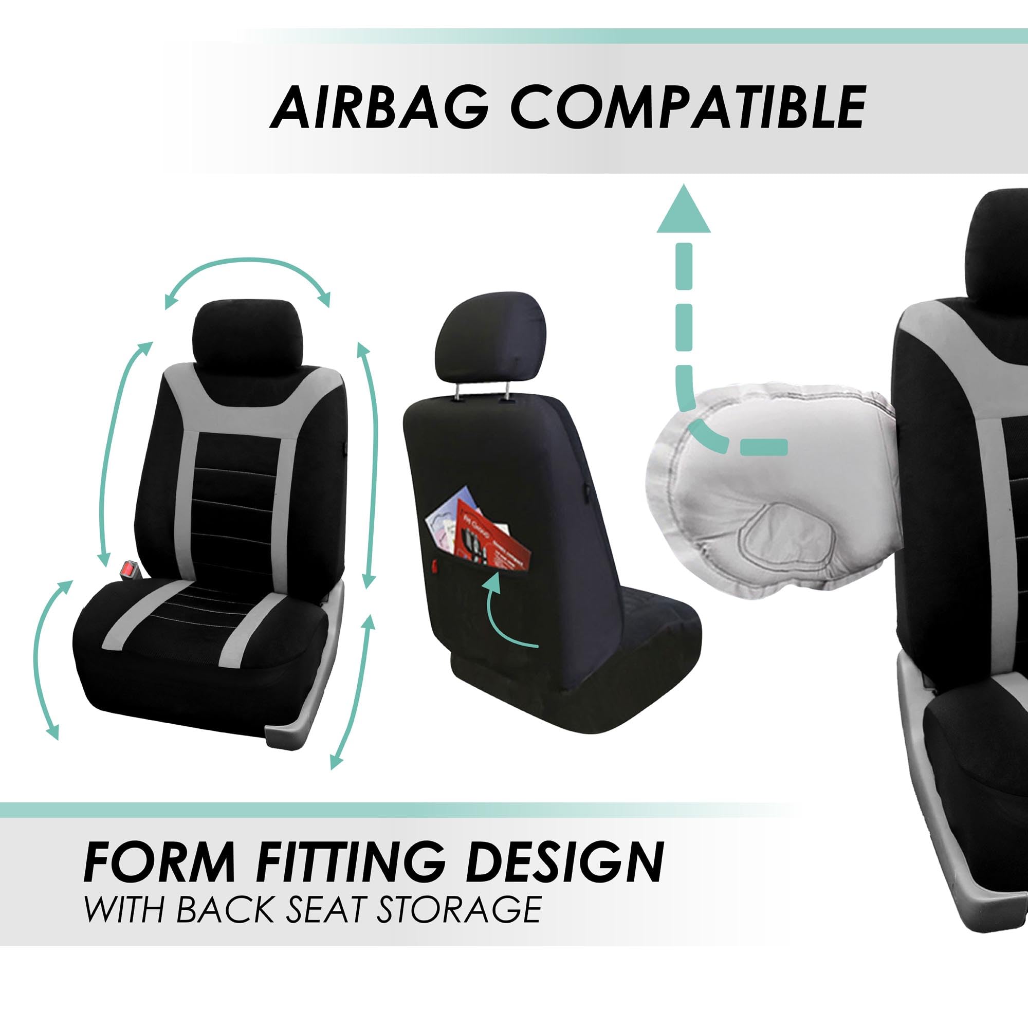 FH Group Car Seat Covers Sports Full Set Gray Automotive Seat Covers, Airbag Compatible and Split Rear Car Seat Cover Universal Fit Interior Accessories for Cars Trucks and SUV Car Accessories