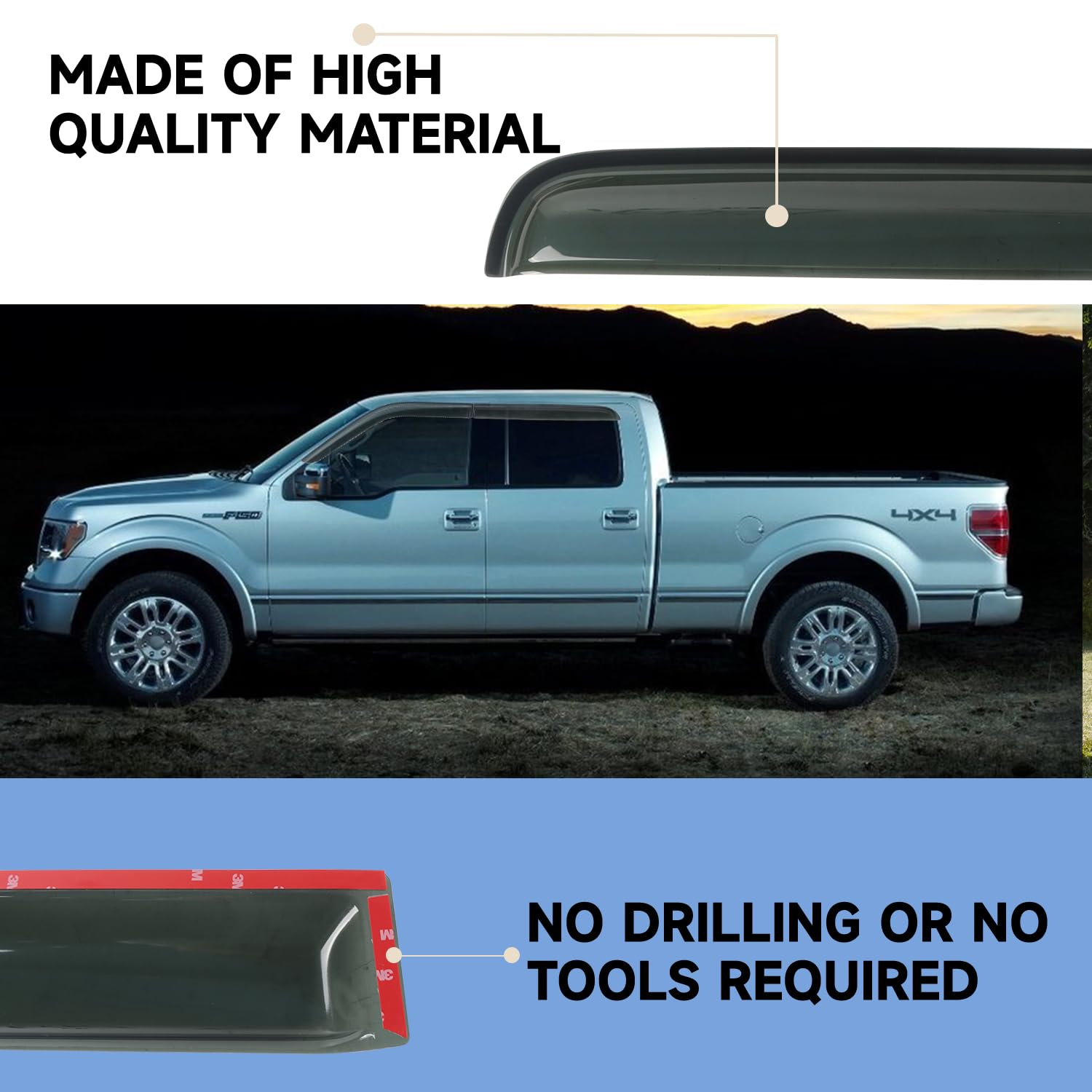 Rain Guards Window Visors Fit For 2009-2014 Ford F150 Supercrew Cab Truck, Outside Mount Sun Shade Window Vent Deflectors,Smoke