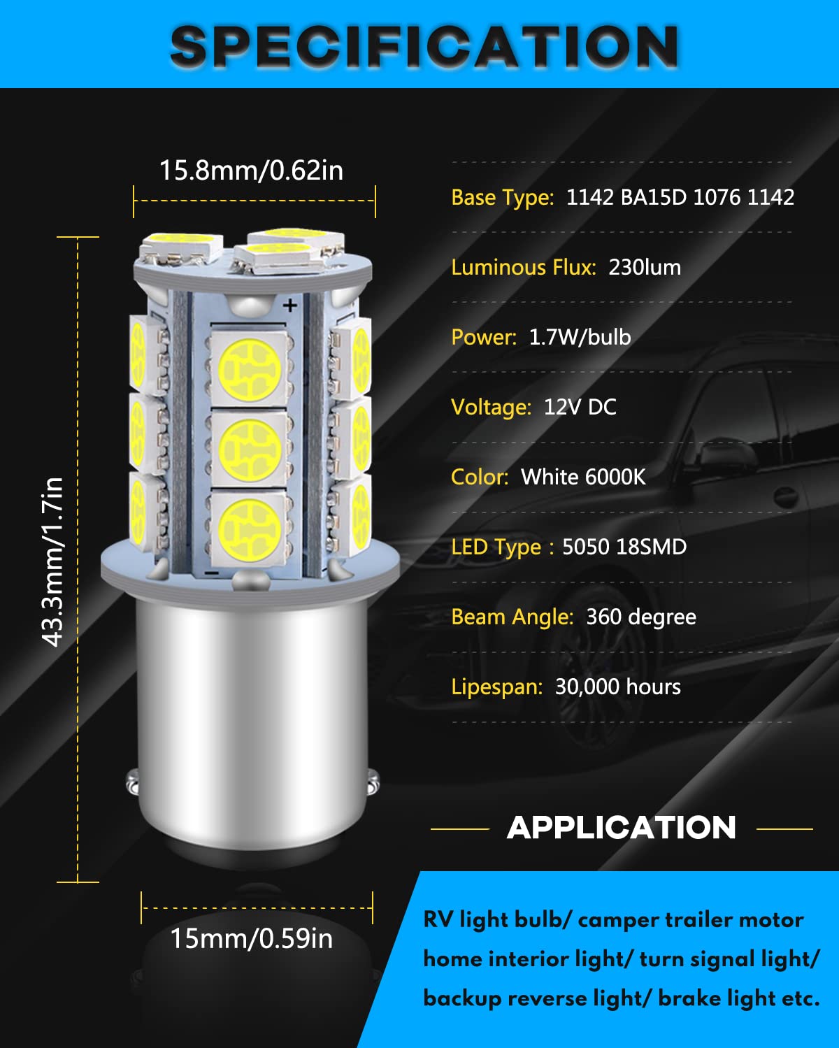 Qoope 6-Pack 1076 Led Bulb For Rv, 1142 1004 Ba15D White Light Bulb Replacement For 12V Camper Trailer Motorhome Boat Interior Light, 5050 18Smd Double Contact Bayonet,#90 Yard Landscape Bulb