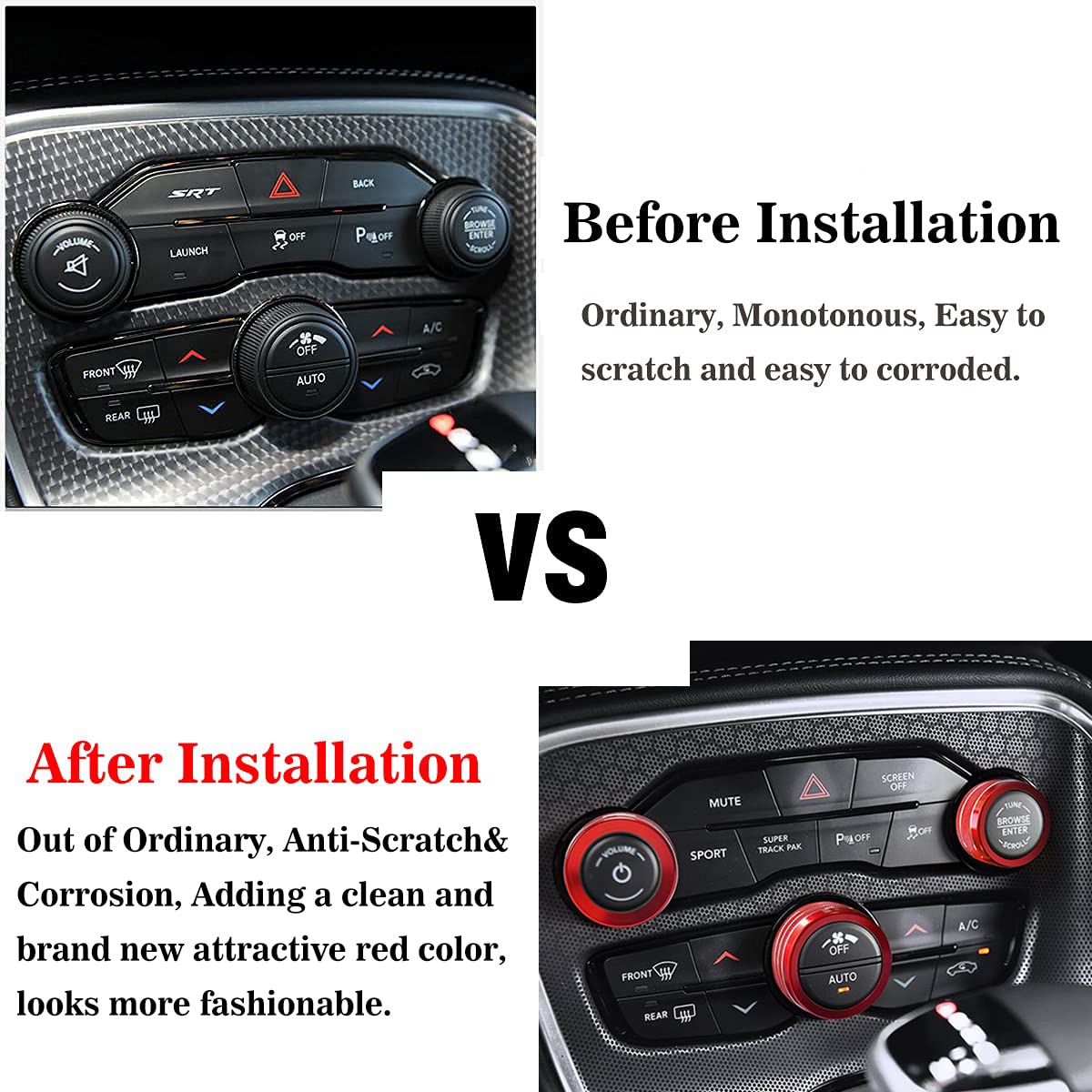 Auprite Climate Control Knob Covers For Challenger Accessories 2015-2023 2024, For Dodge Charger 2015-2023 2024, For Dodge Chrysler 300/300S 2015-2024,3Pcs Kit (Red)