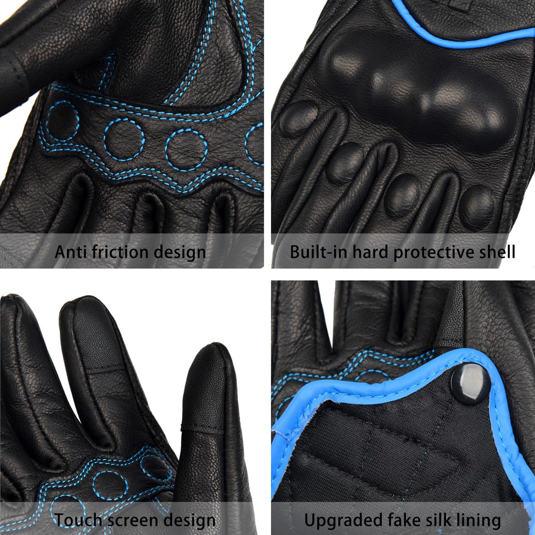 Harssidanza Woman Leather Motorcycle Gloves,Motorbike Gloves,Road Racing,Cycling,Climbing, Powersports Gloves Touchscreen,Blue,