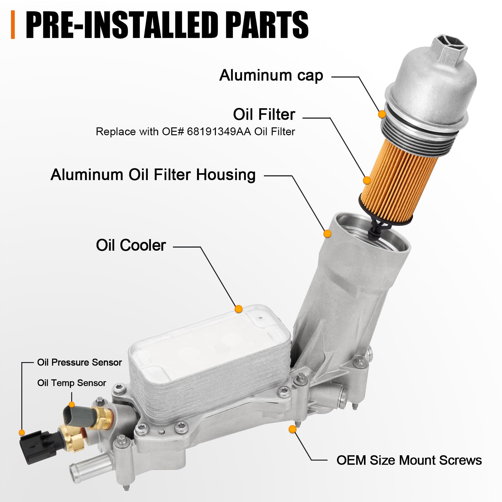 Full Aluminum Cap Engine Oil Cooler Filter Housing With Sensors Gaskets Compatible With 2017-2018 Chrysler 200 300 Dodge Charger