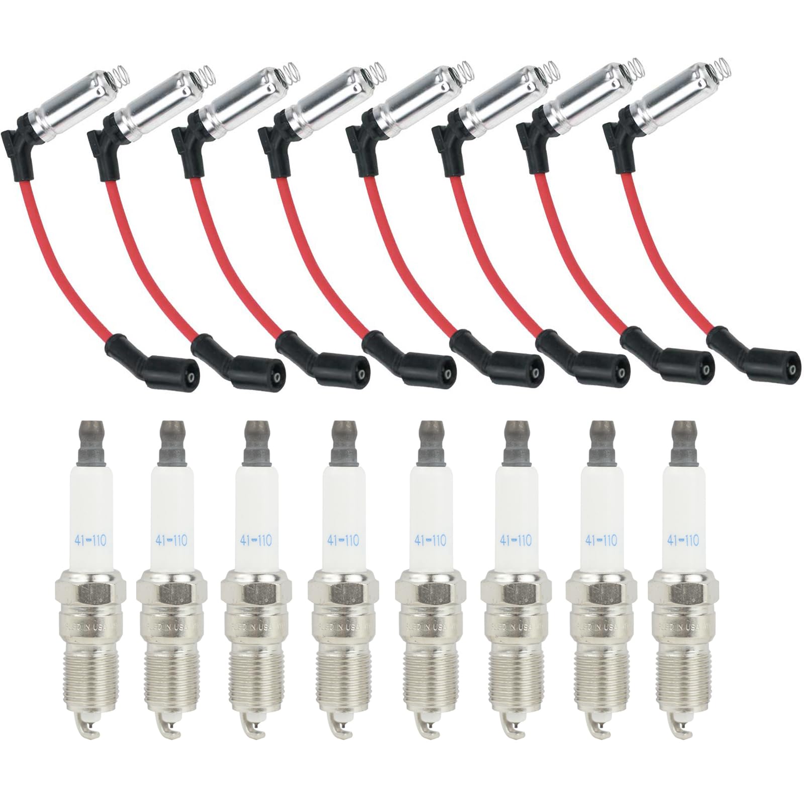 41-110 Iridium Spark Plugs & M8-48322 Spark Plug Wires For 5.3 6.0L 6.2L Chev-Y Gm-C Silve-Rado Subu-Rban Avalan-Che Cadi-Llac Escal-Ade Yu-Kon Sierra V8 Ls Truck Red (Pack Of 8)