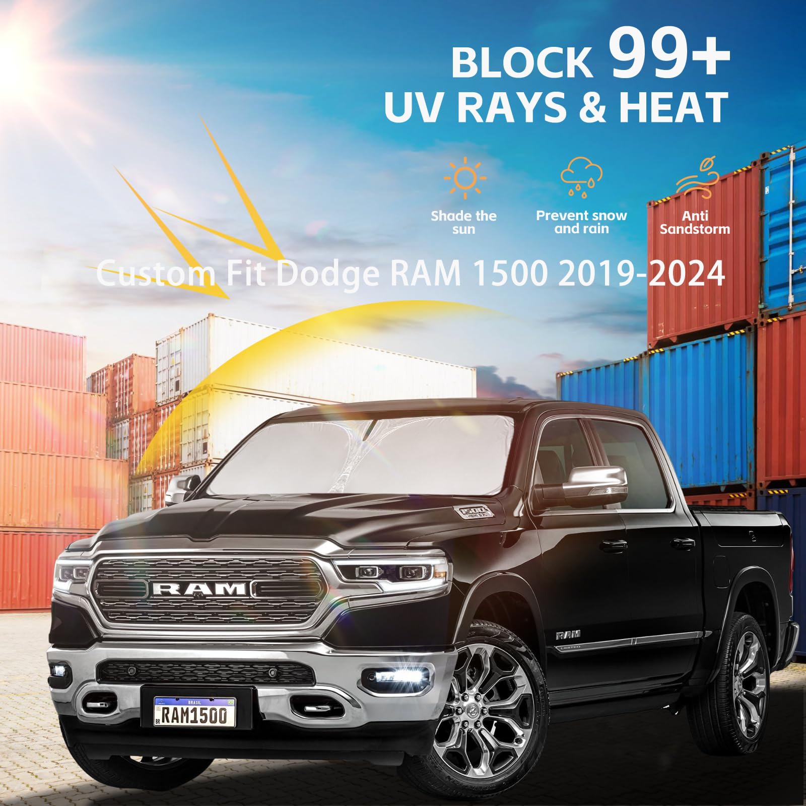 Windshield Sun Shade For Dodge Ram 1500 2019-2025 Double Layer 240T Front Window Shade Custom Fit Ram 1500 Regularcab Quadcab Cr