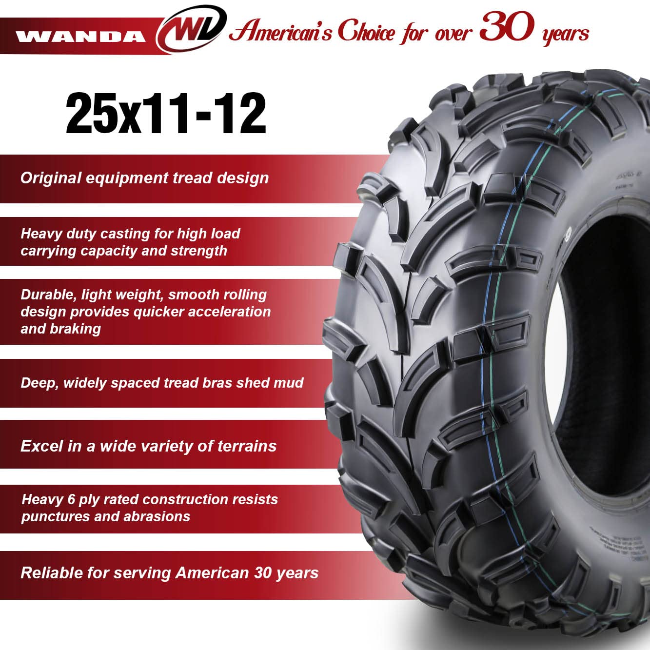 Wanda High Load Atv/Utv Tires 25X11-12 6Pr Lit Mud, Set 4