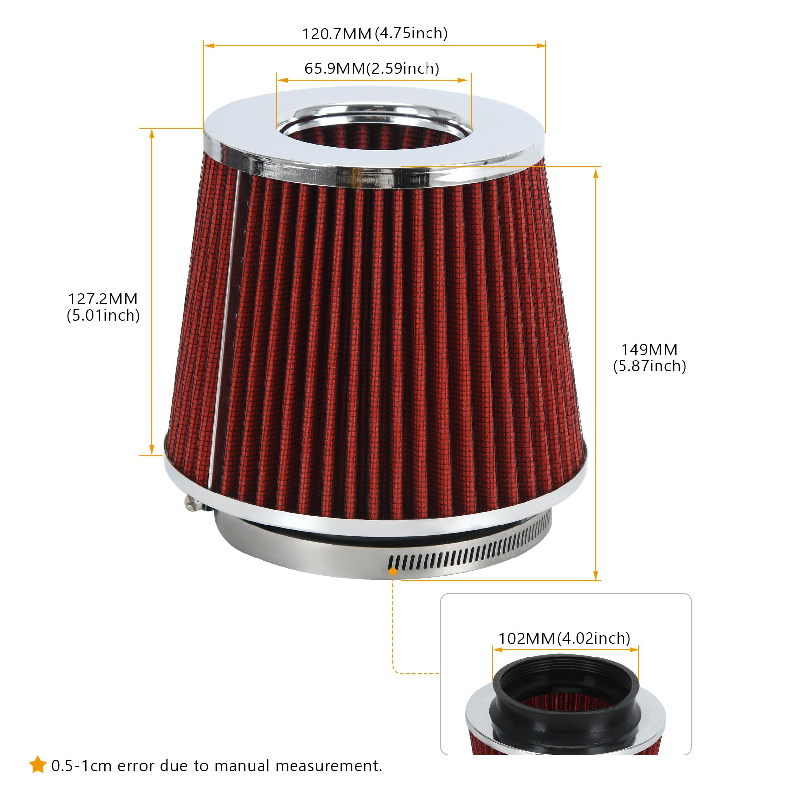 Ptnhz Universal Red 4'' 102Mm High Flow Cold Air Intake Cone Air Filter Power Intake Air Inlet System Air Cleaner