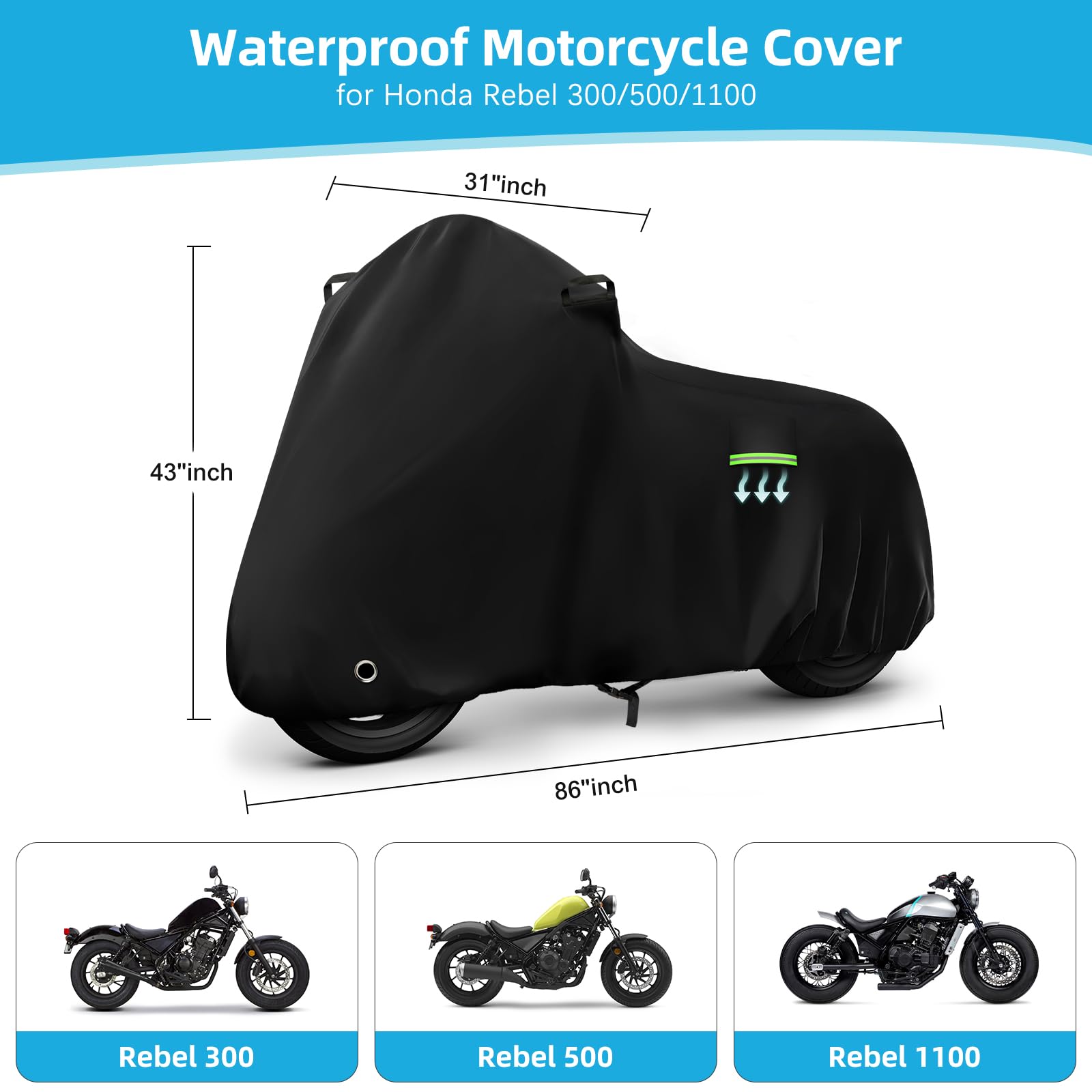 Motorcycle Cover Waterproof for Honda Rebel 300 500 1100, Heavy Duty Outdoor Sun Rain Snow UV Dust All Weather Protection Motorb