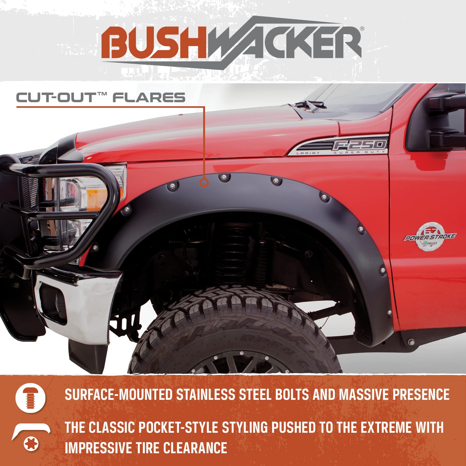 Bushwacker Cutout Pocket/Rivet Style Front Fender Flares | 2-Piece Set, Black, Smooth Finish | 20043-02 | Fits 1999-2007 Ford F-