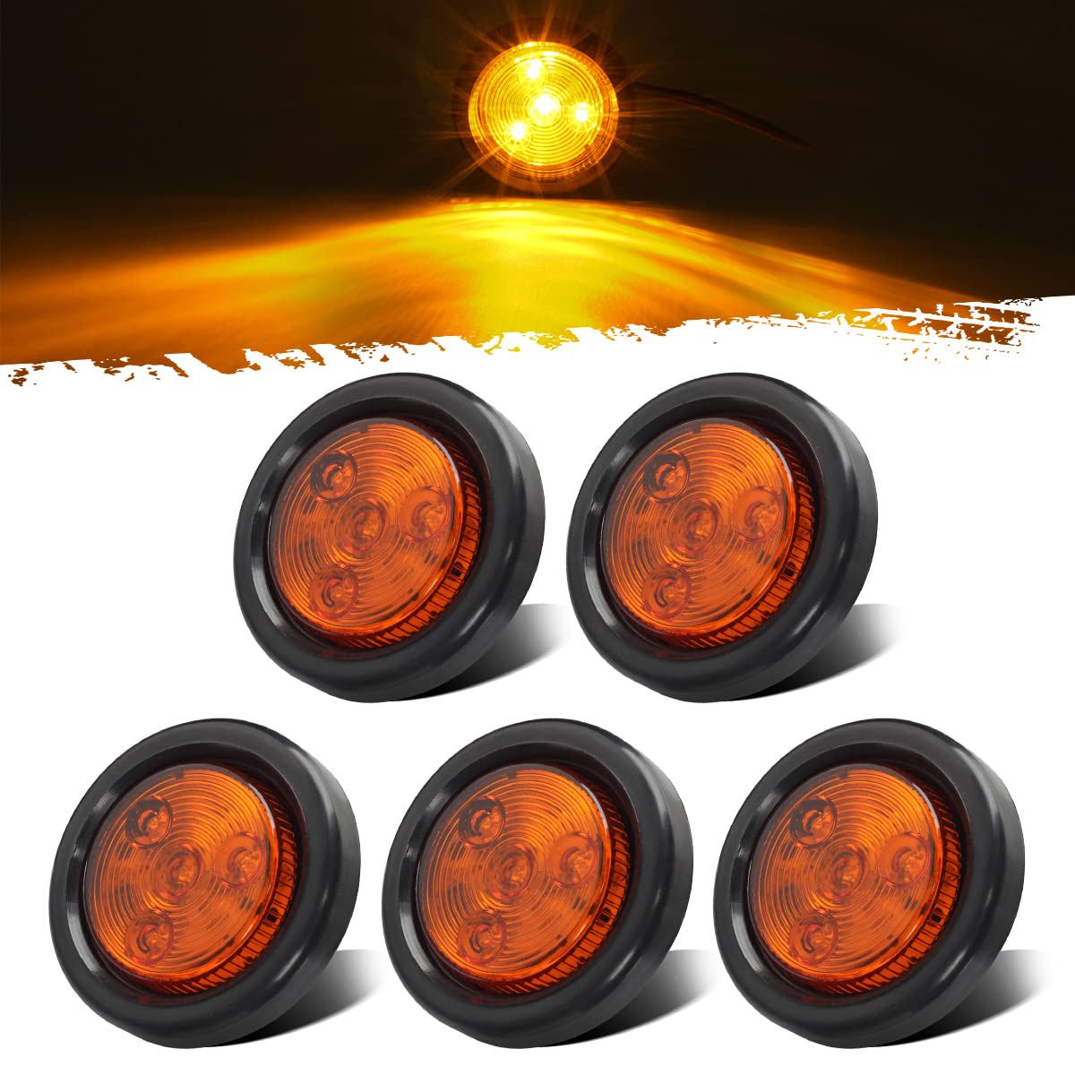 Partsam 5Pcs 2'' Amber Round Sealed Clearance Side Marker Light [Dot Approved] 4 Led Mount Grommet/Pigtails For Trailer Truck Ca