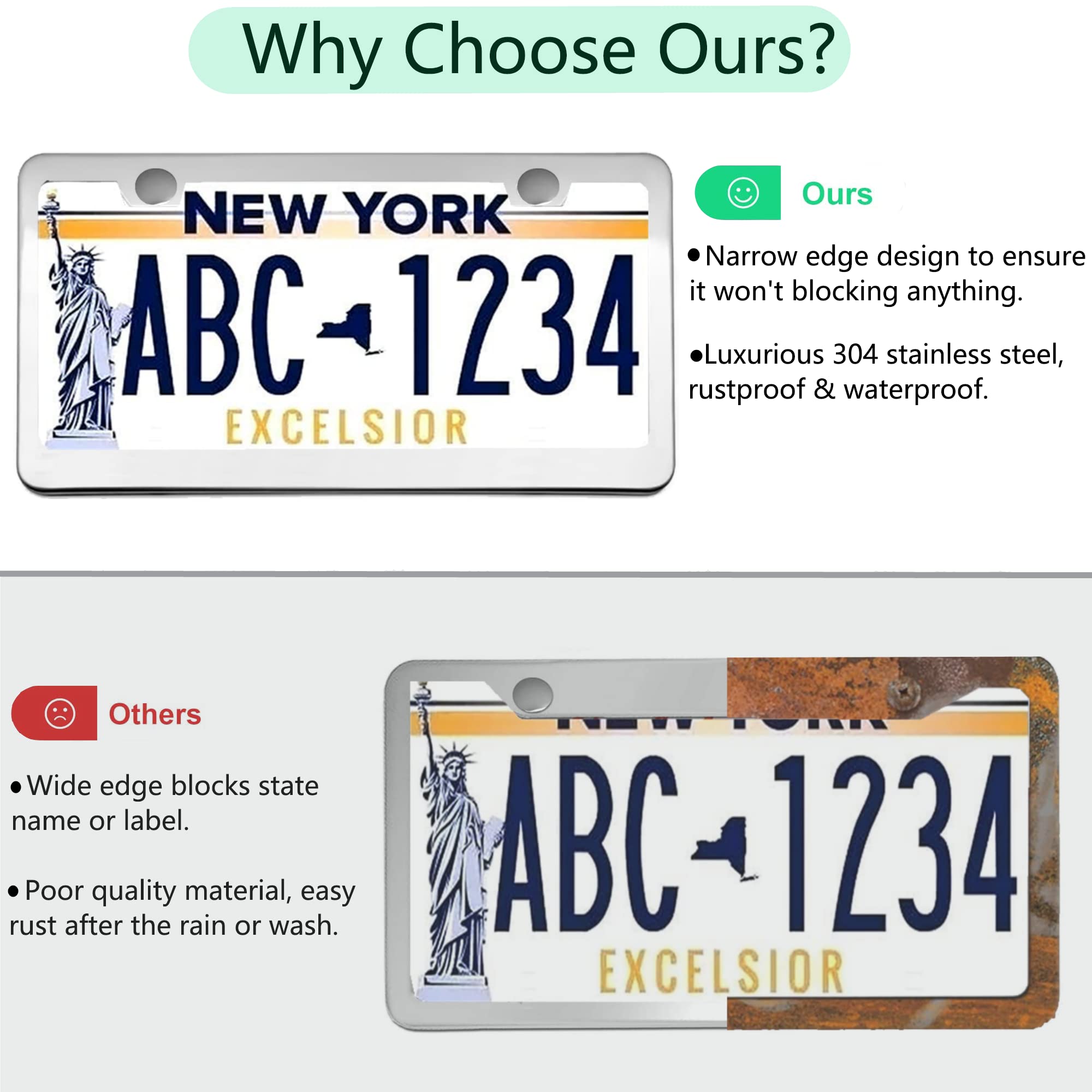 Flamax Mirror Polished Stainless Steel License Plate Frame Metal License Plate Cover License Plate Holder 2 Pcs, Gloss Silver License Plate Frames With Chrome Screw Caps & 2 Holes, Rust-Proof