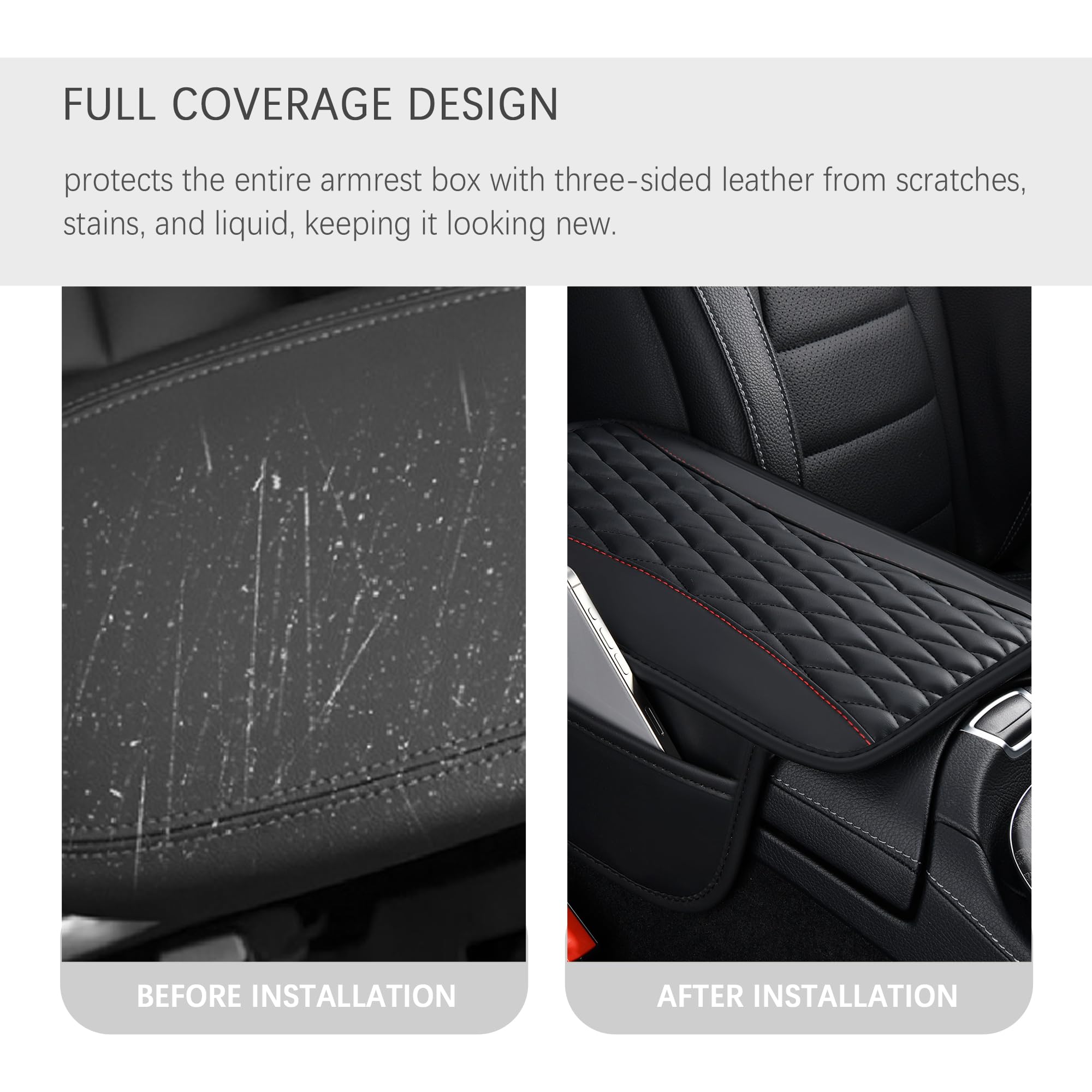 IHOTDER Patchwork Leather Center Console Covers for Cars,Upgraded Arm Rest Cover for Car with Side Storage Pocket for Car Seat O