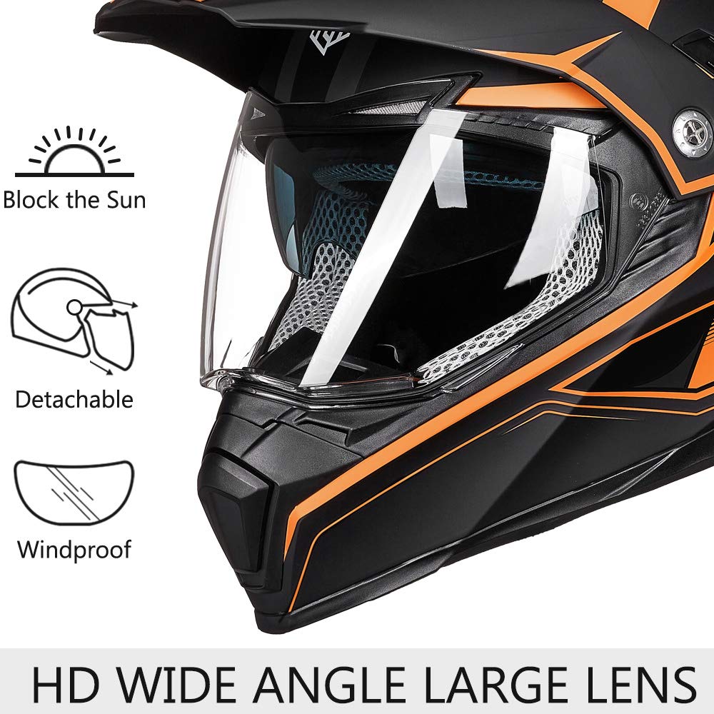 Ilm Off Road Motorcycle Dual Sport Helmet Full Face Sun Visor Dirt Bike Atv Motocross Casco Dot Certified Model 606V(Orange, S)