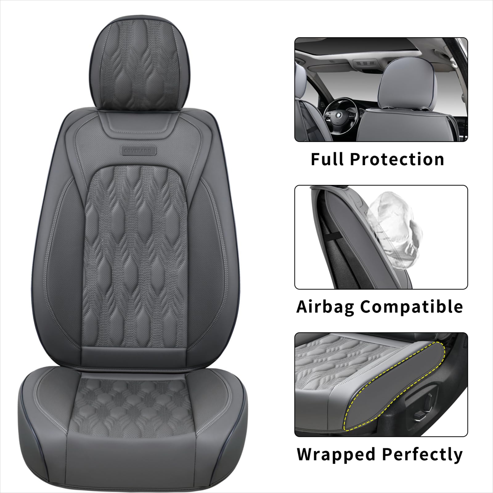 Coverado Car Seat Covers Full Set, 5 Seats Waterproof Leather Seat Covers For Cars, Gray Seat Covers, Universal Seat Covers Front Seat And Back, Car Seat Protectors Car Seat Cushions Fit For Most Cars