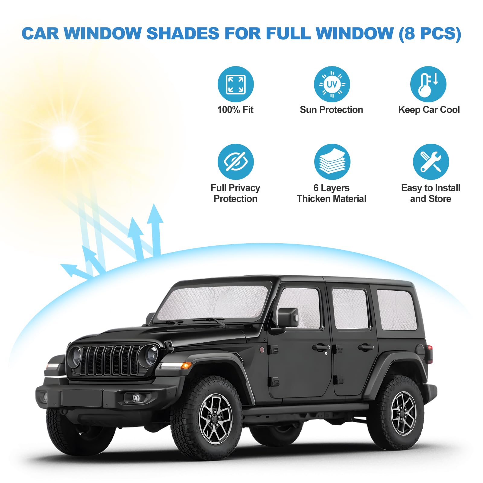 XCBYT 2019-2024 Wrangler Window Shades | 6 Layers Thickened Car Window Covers | 2 in 1 Car Full Window Privacy Curtains | 100% B