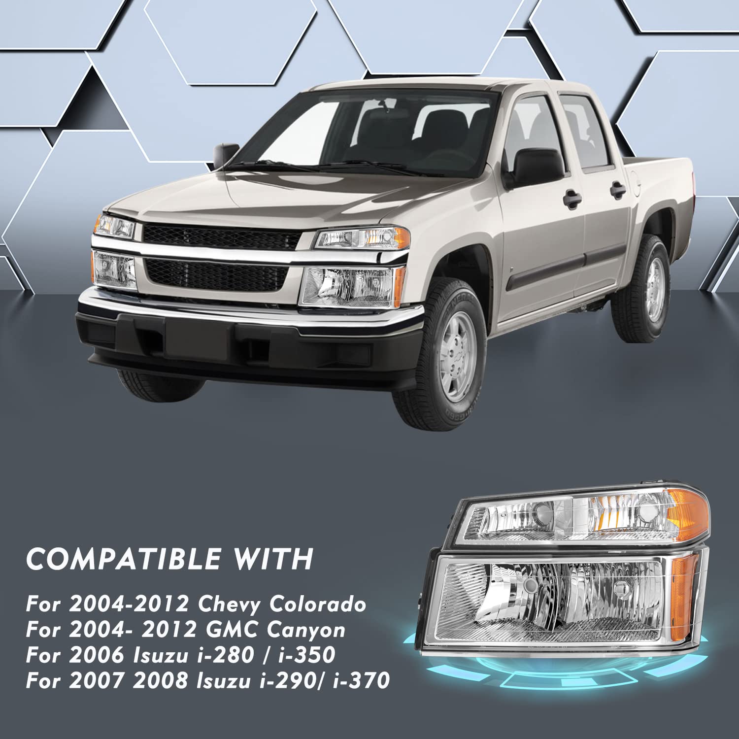 TUSDAR Headlight Assembly Set for 2004-2012 Chevy Colorado, GMC Canyon & 2006-2008 Isuzu I-Series, Chrome Housing, w/o Bulbs