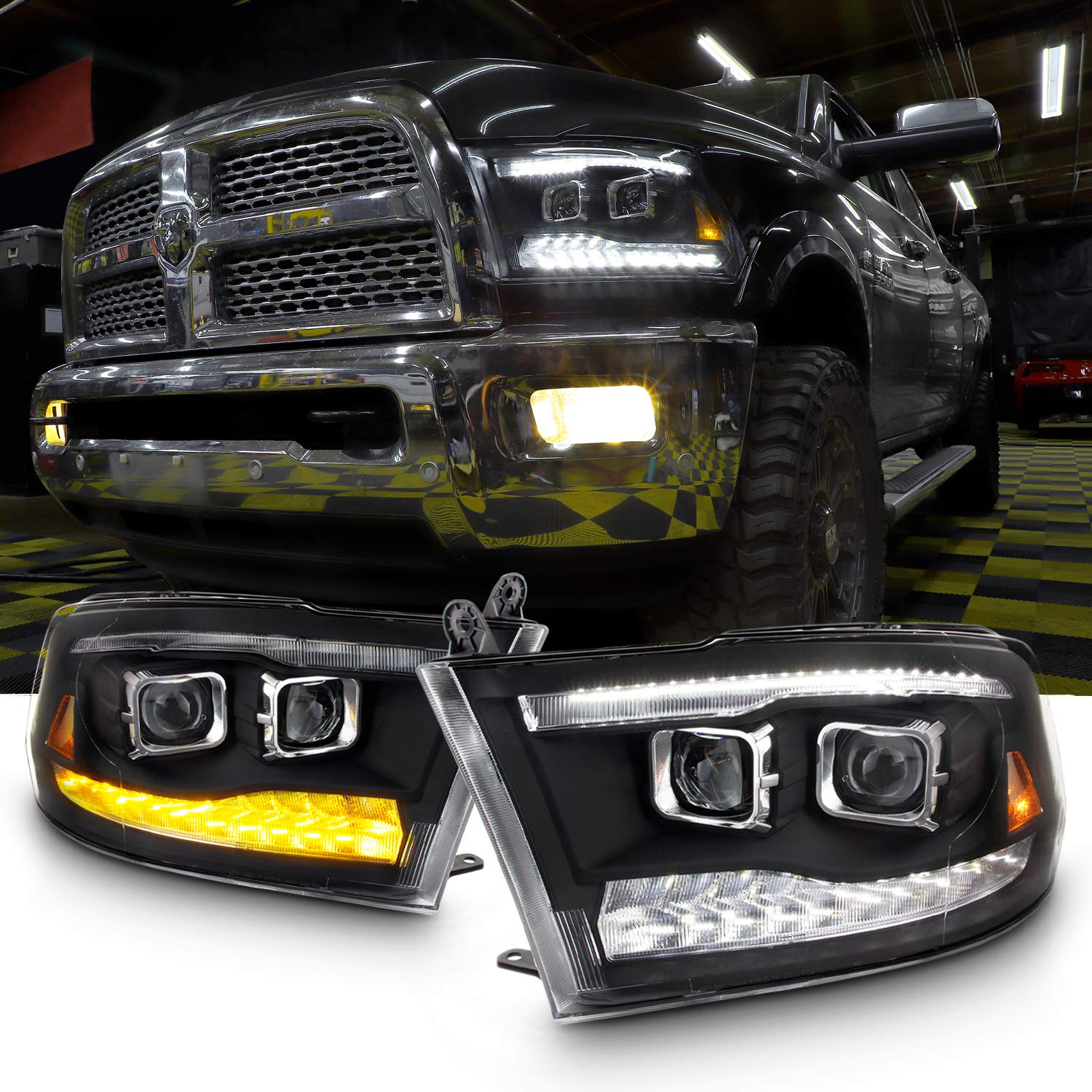 Akkon - For 09-18 Dodge Ram 1500 2500 3500 Upgrade Projector & Bar Led Black Housing Headlights With Light Bulbs Set