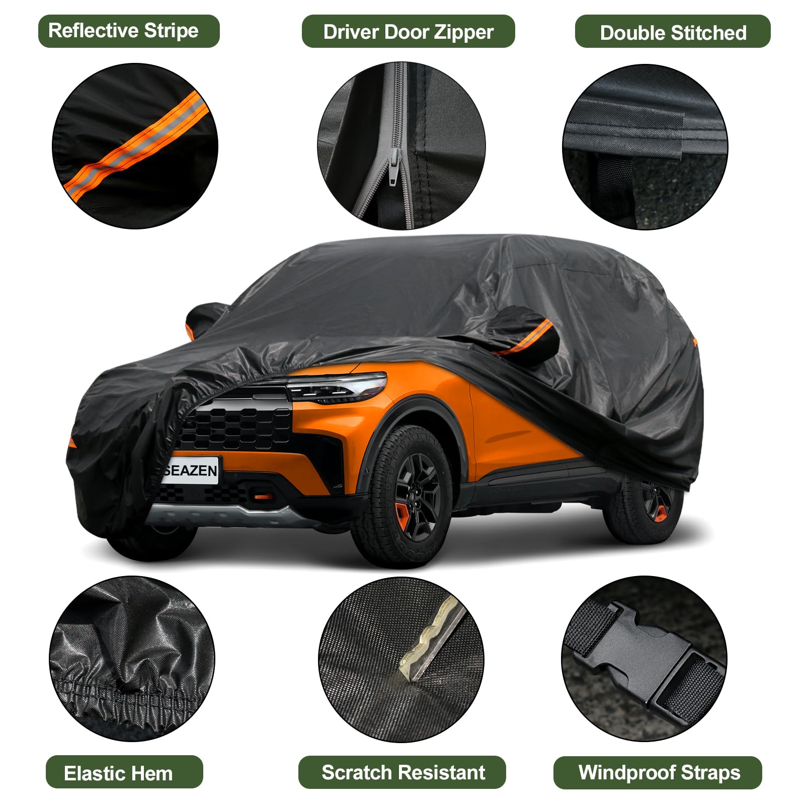Seazen 7 Layers Suv Car Cover Waterproof All Weather, Heavy Duty Car Cover For Automobiles With Zipper Full Exterior Cover Outdo
