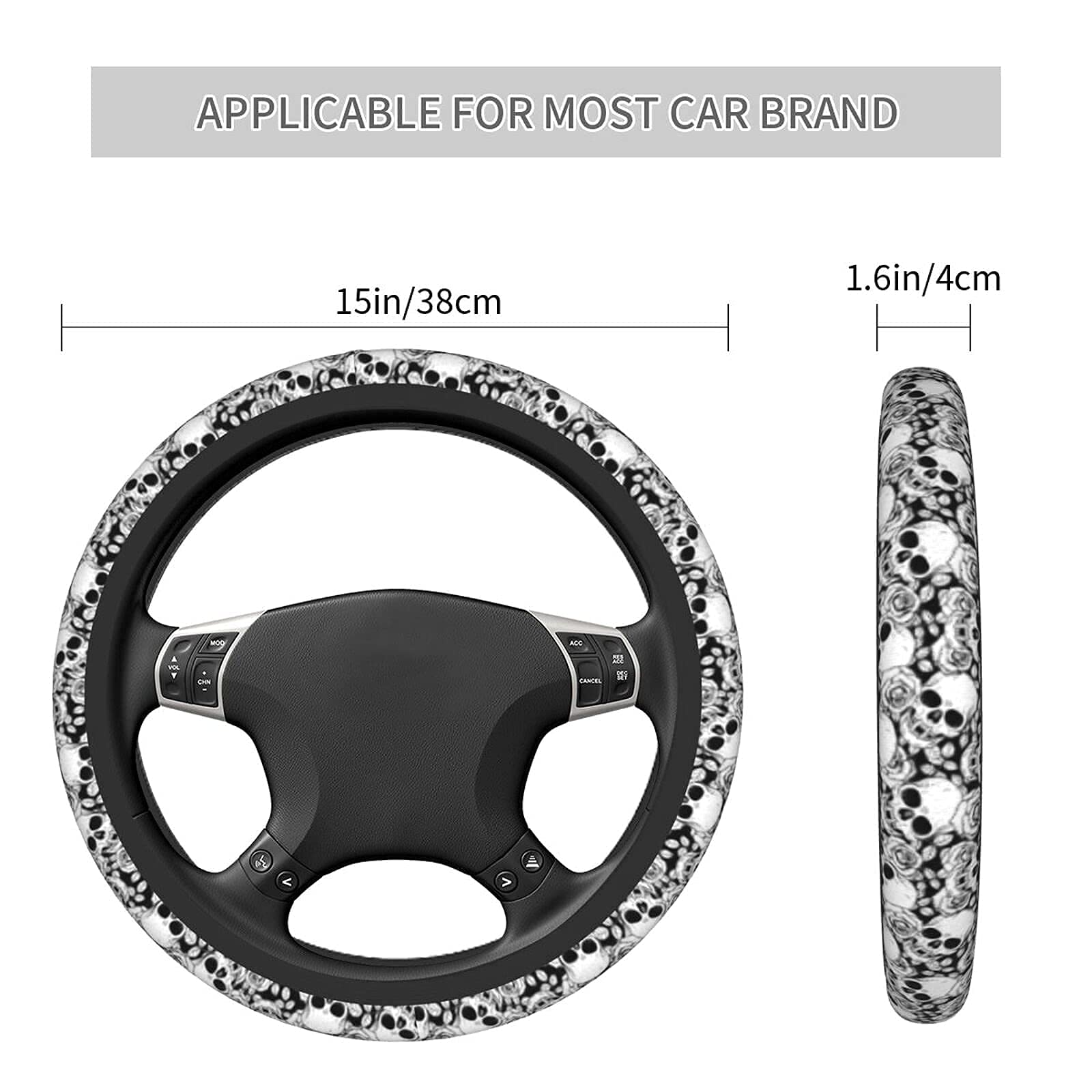 Skull Steering Wheel Cover Non Slip Black And White Neoprene Steering Wheel Protector Covers Universal 15 Inch For Women Men Car