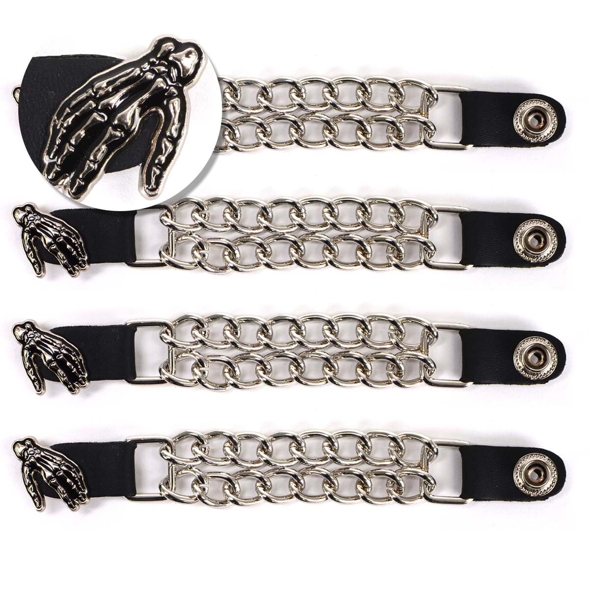 Milwaukee Leather MLA6026SET Skeleton Hand 4-PCS Vest Extender Double Chrome Chains w/Genuine Leather 4'' Extension - 4 Inch