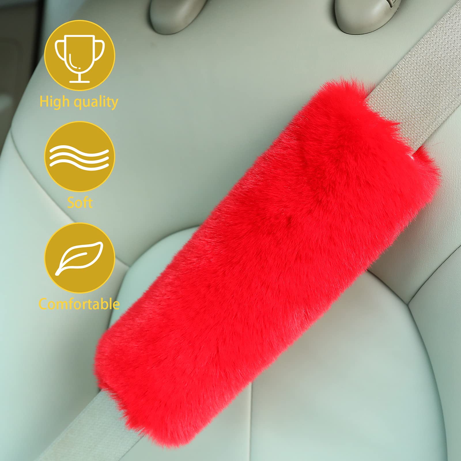 Boao 4 Pack Faux Sheepskin Car Seat Belt Pads Seatbelt Protector Soft Seat Belt Shoulder Strap Cover Comfort Harness Pad(Red, 9.