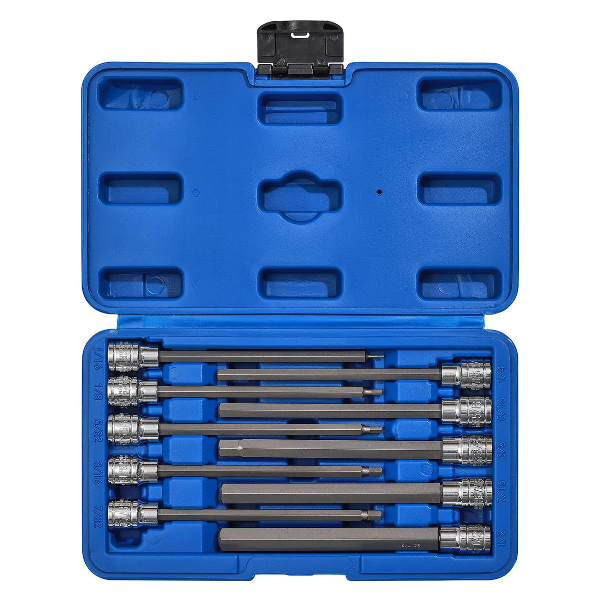 Ementol 10Pcs 3/8' Drive Long Hex Bit Socket Set, Cr-V, S2 Steel, Sae, Length 5.9-Inch, Extra Long Allen Hex Bit Socket Set, 1/16 Inch - 1/2 Inch