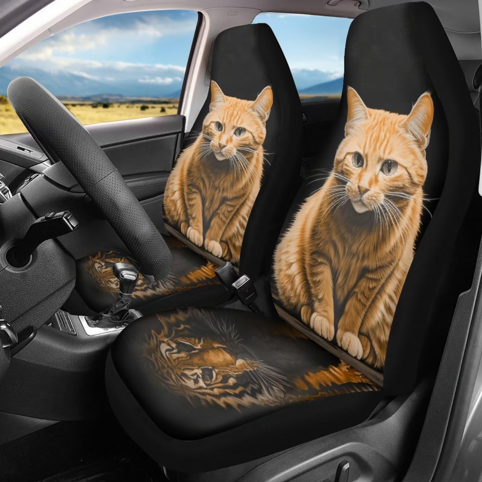Bigcarjob 2 Pcs Animal Car Seat Cover Set For Front Only,Funny Cat And Tiger Print Vehicle Bucket Seat Cushion Pads Auto Seat Pr