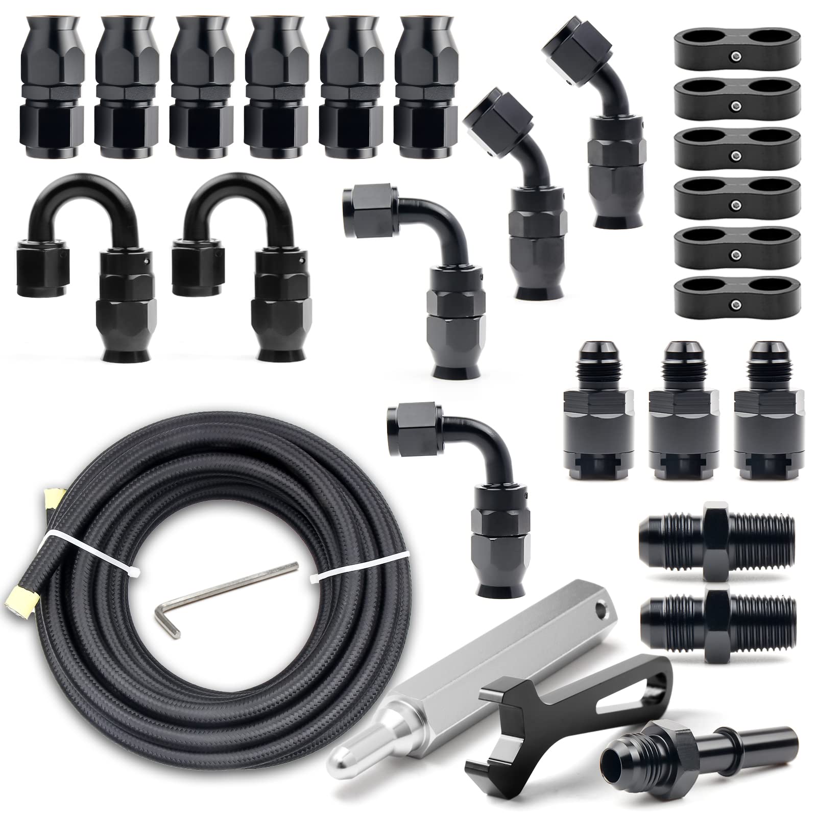 Medoon 6An Ptfe Fuel Line Kit, Nylon Stainless Steel Braided Fuel Hose, Ls Swap Efi E85 Injection Fuel Ptfe Fitting 3/8'' 26Ft