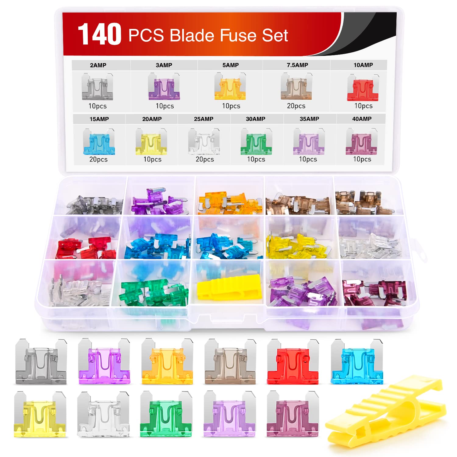Nilight - 50014R 140pcs Low Profile Mini Blade Fuse Assortment, 2A 3A 5A 7.5A 10A 15A 20A 25A 30A 35A 40A Mini Blade Fuses for C