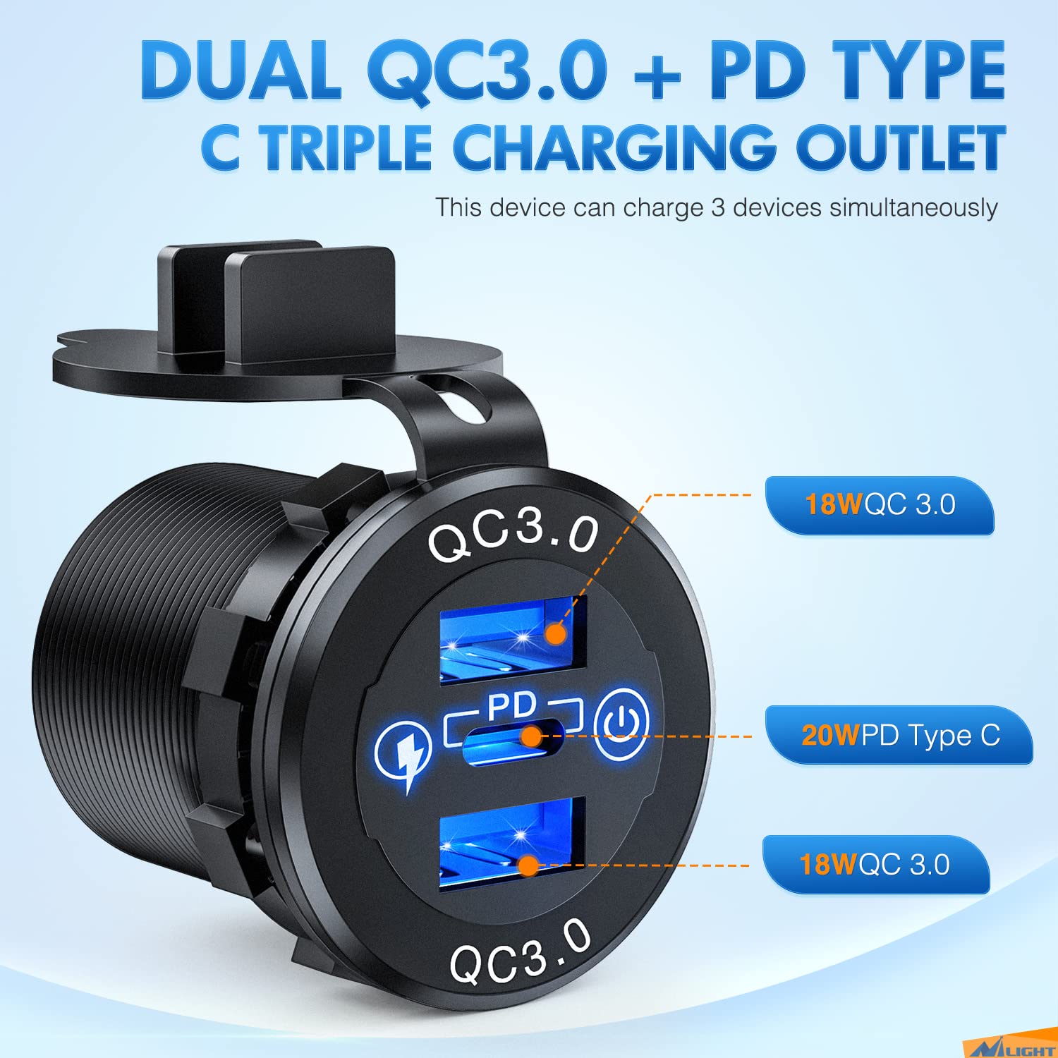 Nilight Quick Charge Socket PD Type C and QC3.0 Dual USB Charger 12V 24V Car Outlet ON Off Touch Switch Fused Wire Kit for Cars