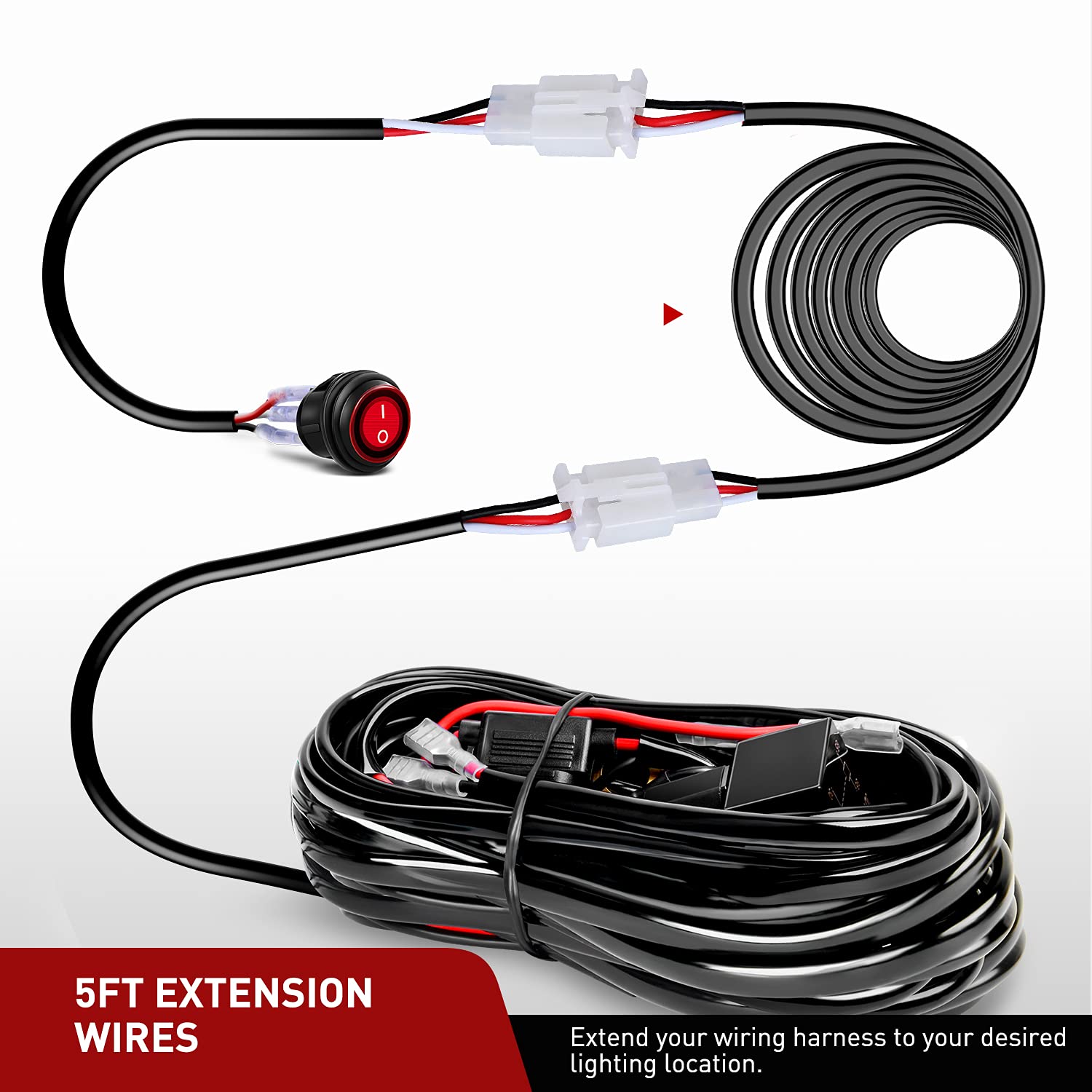 Nilight 2PCS 22AWG 5ft Plug and Play Wiring Harness Switch Extension Kit for Off Road LED Work Light Bar, Rubber, Model 10046W