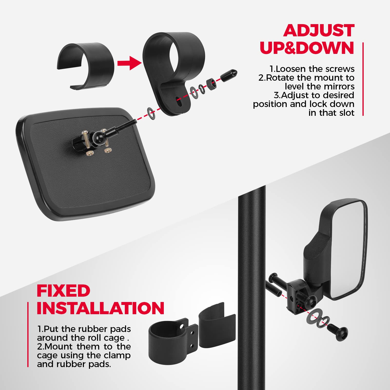 Kemimoto Utv Side Mirrors And Center Mirror With 1.6 To 2 Roll Bar Cage, Adjustable Rear View Side Mirrors Compatible With Polaris Rzr, Zforce, Commander Maverick X3, Viking, Rhino, Teryx