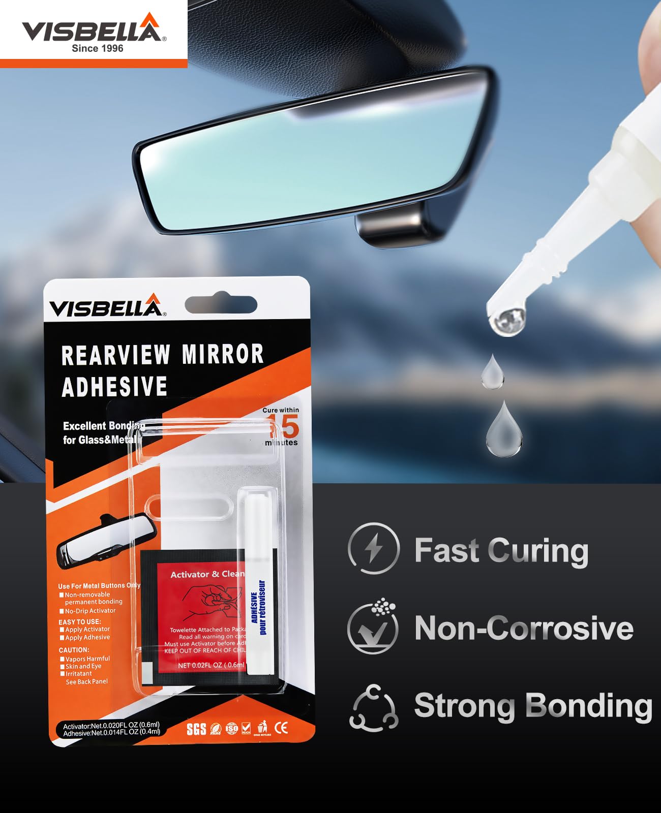 Visbella Rearview Mirror Adhesive Repair Kit Rear View Mirror Glue For Windshield Excellent Bonding For Glass & Metal