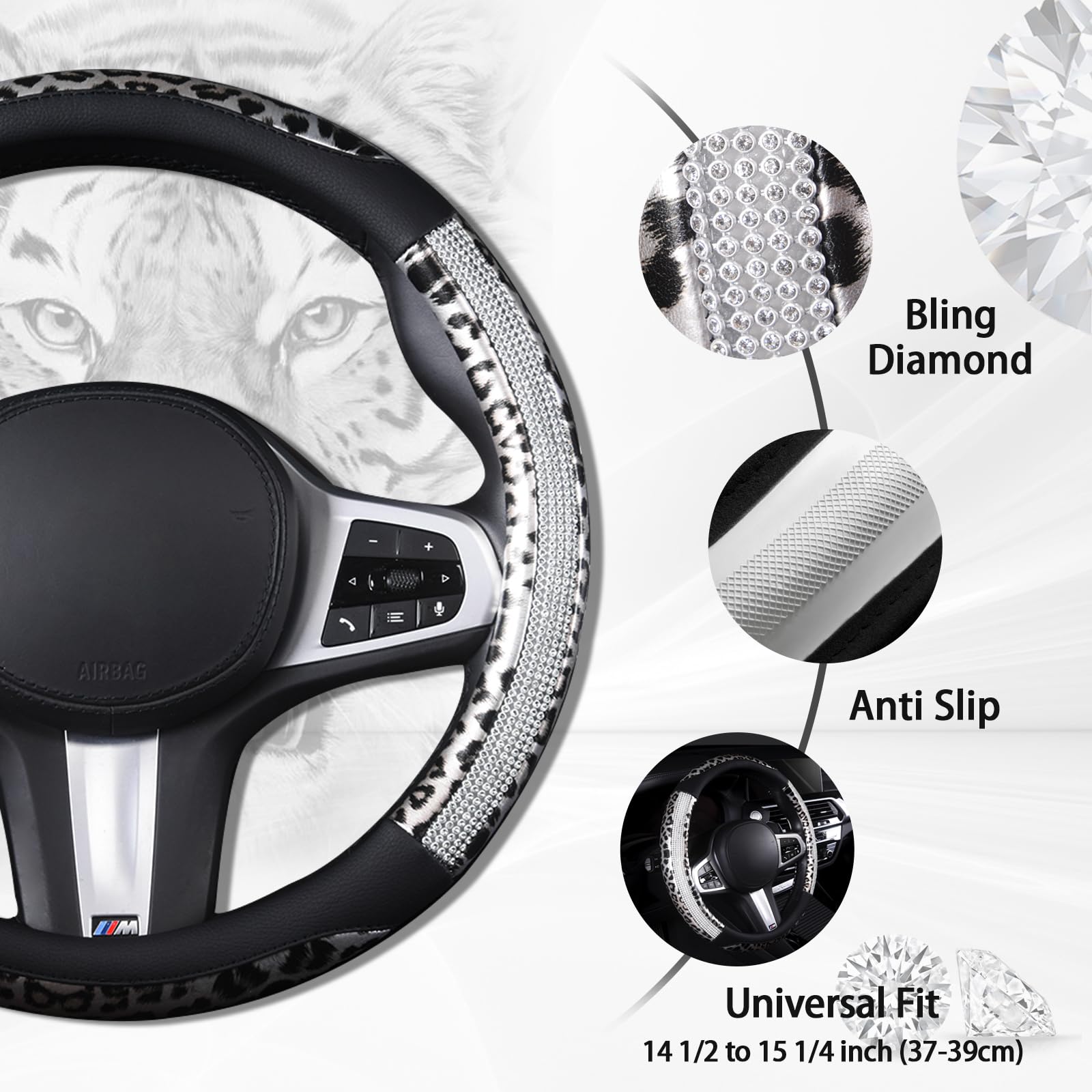 AUTOYOUTH Leopard & Cheetah Print Steering Wheel Cover - Bling Crystal Rhinestones, Leather, Non-Slip, Universal Fit 14.5-15 Inch, Black & Silver