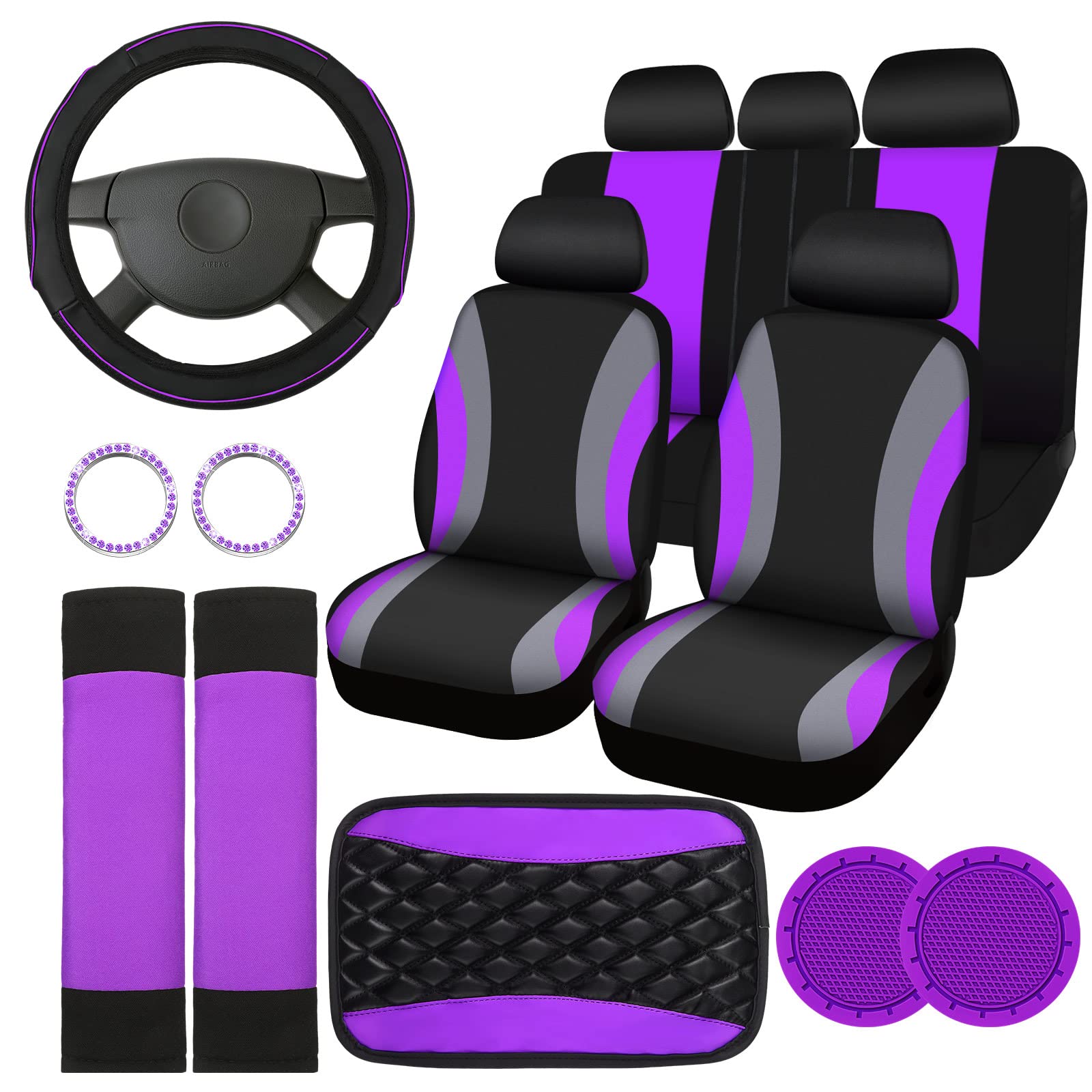 Sinmoe 17 Pcs Car Seat Covers Full Set, Steering Wheel Cover Center Console Pad Armrest Cover Seat Safety Belt Pad Seatbelt Cove