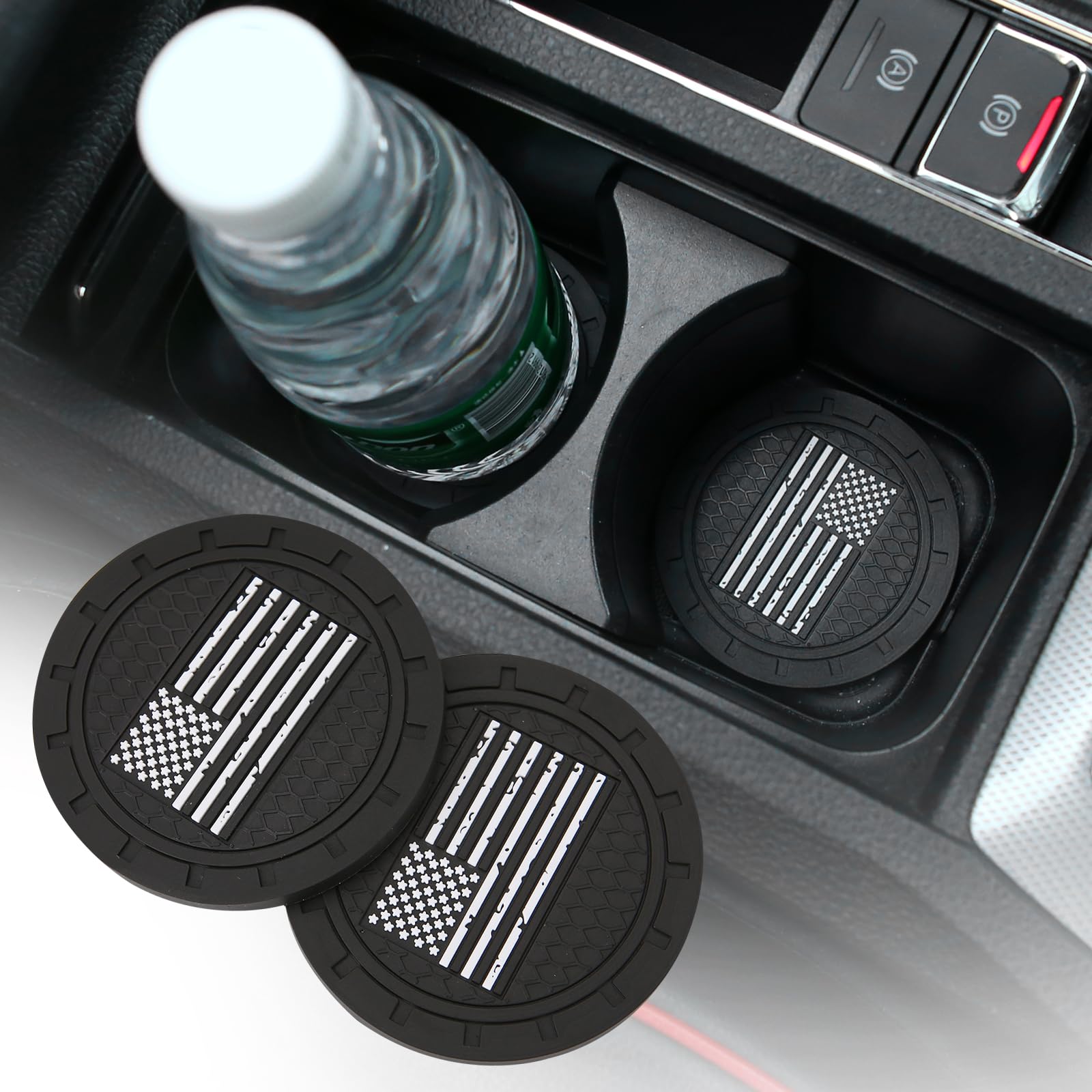 2 Pack Car Coasters, 2.75 Inch American Flag Soft Rubber Cup Holder Pad Set Round Auto Cup Holder Insert Drink Coaster Car Inter