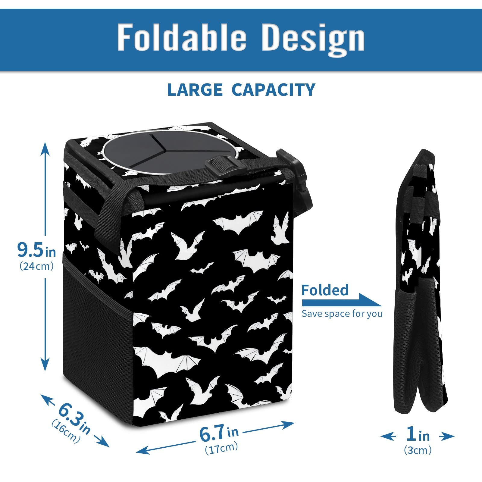 Black And White Goth Bats Car Trash Can With Lid Collapsible Reusable Waterproof Car Garage Bag,Automotive Garbage Can,Car Acces