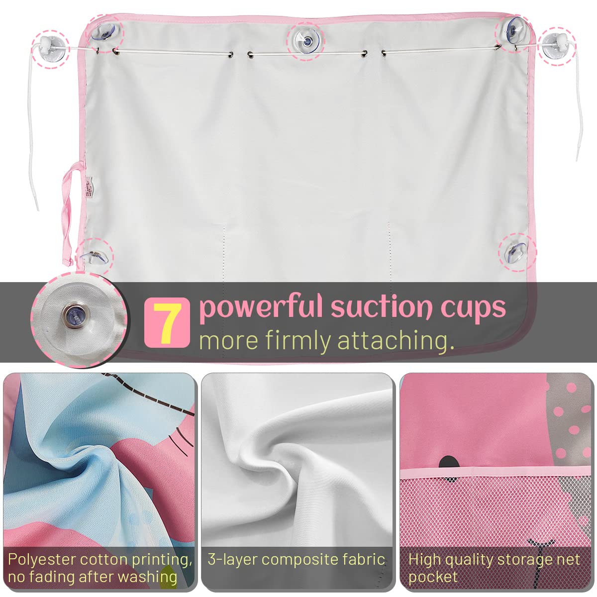 Diza100 Car Sun Shade For Window Baby, 2 Pack Full Shade Window Shades With Storage Net Pocket, 7 Suction Cups, Cute Elephant Fo