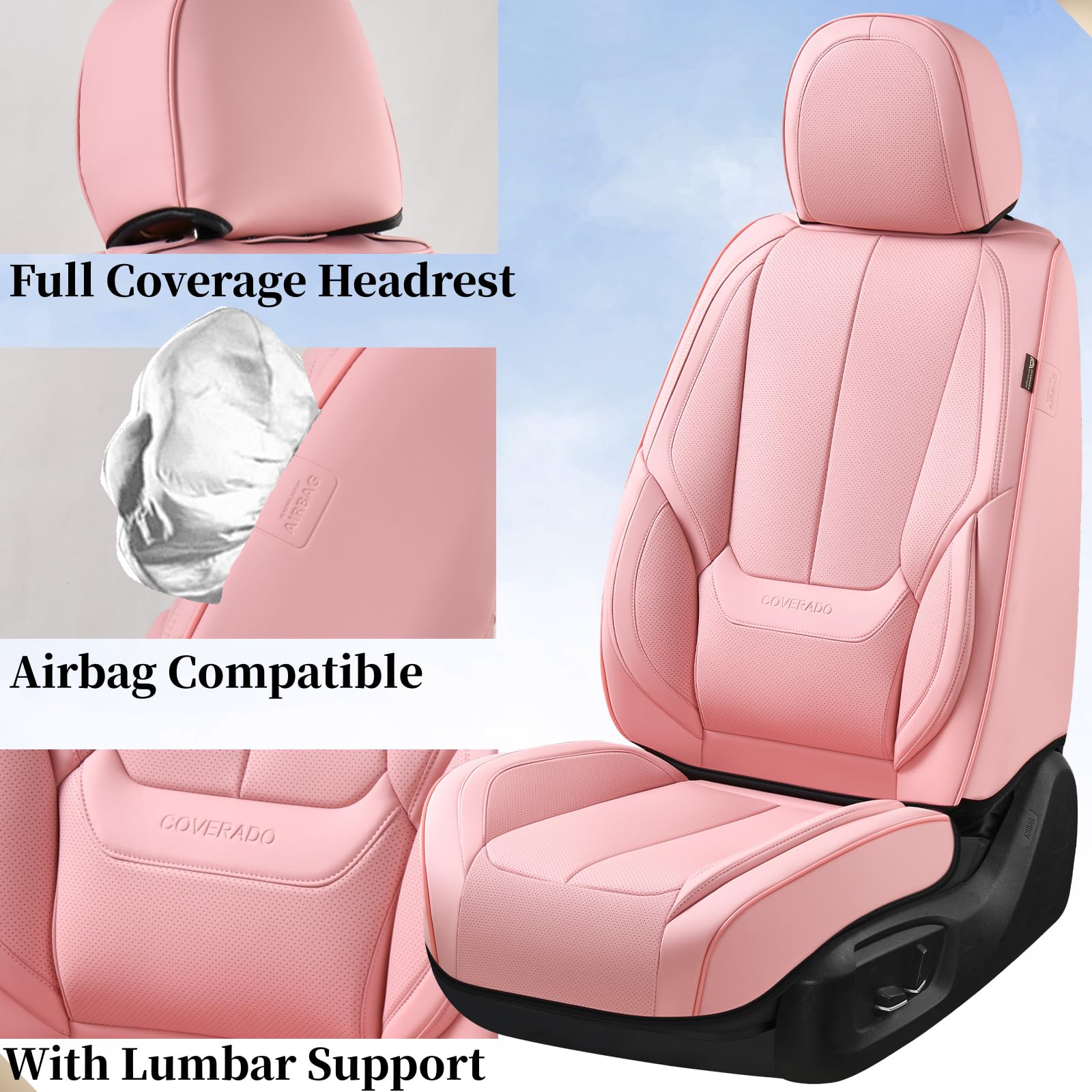 Coverado Car Seat Covers Full Set, Seat Covers For Cars, Pink Car Seat Cover, Car Seat Protector Waterproof, Nappa Leather Car S