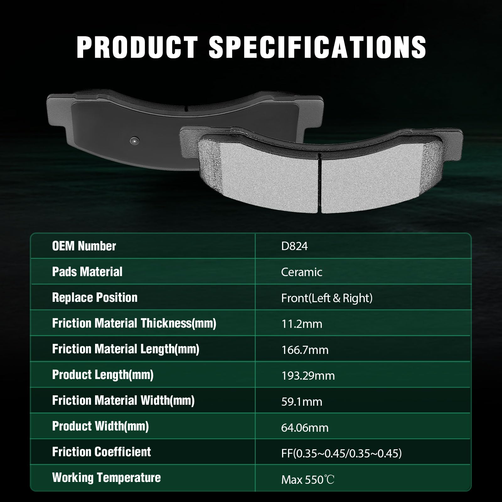 Automuto 4Pcs Front Ceramic Disc Brake Pads Set D824 - For Ford Excursion 2000-2005, F-250 Super Duty 1999-2004, F-350 Super Dut