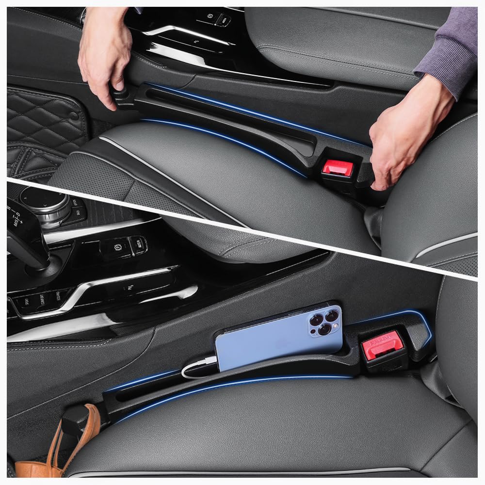 Figpade Universal PU Car Seat Gap Filler Organizer 2 Pack Based Car Organizer and Car Hook,Upgraded 3 In 1 Car Gap Filler with C