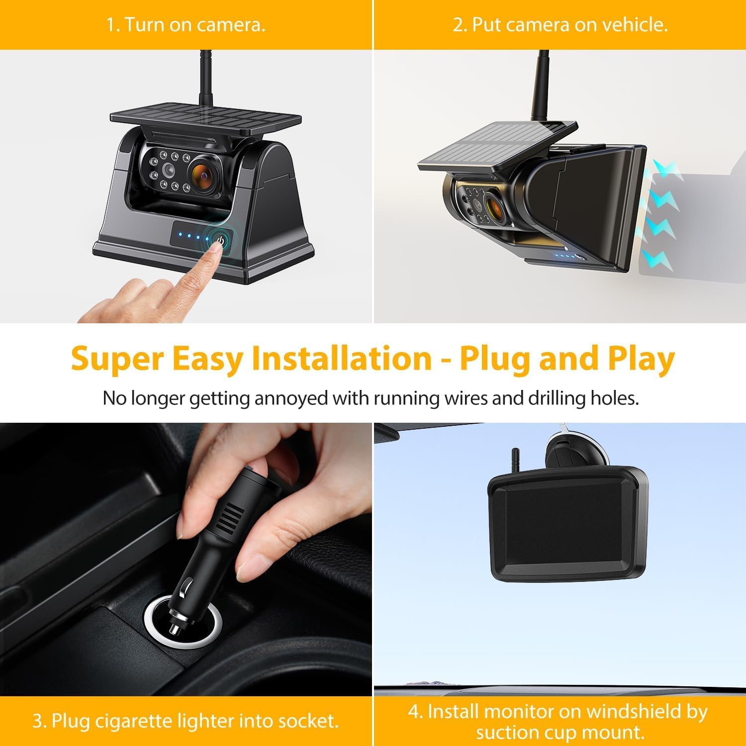 Magnetic Solar Wireless Backup Camera, 5'' Hd Monitor, 2-Min Installation True Wireless No Drilling, Rechargeable Waterproof Rea