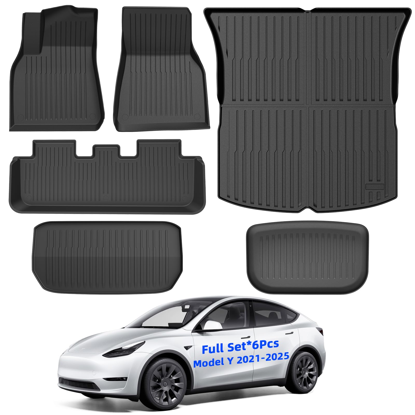 Maysoo Floor Mats For Tesla Model Y 2021-2024 2025 (5-Seater) - All-Weather Tpe Waterproof Non-Slip Front And Rear Trunk Mats Cargo Liners, Set Of 6 (Not Fit 7-Seat)