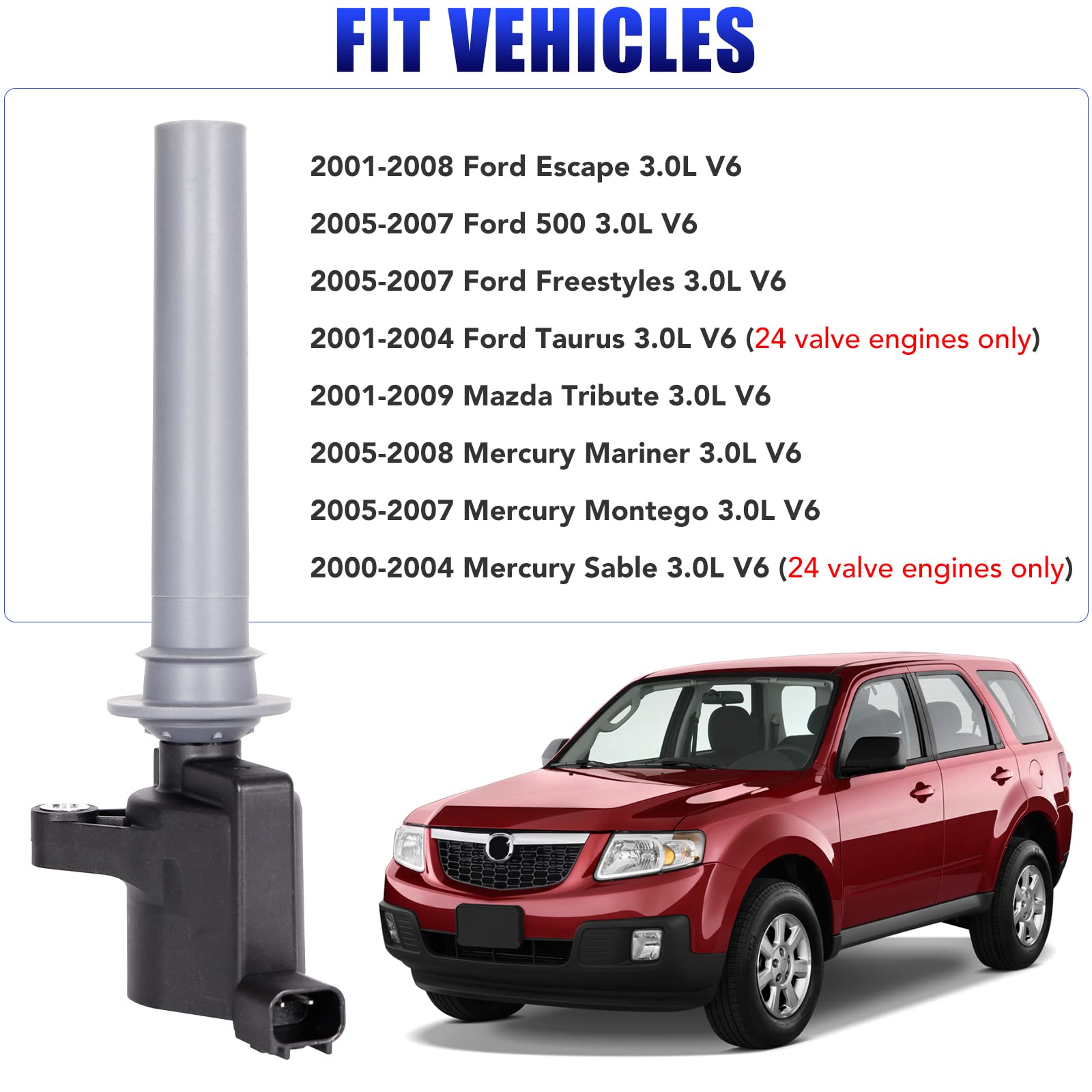 Set Of 6 Ignition Coil Pack Spark Plugs For 3.0L 2001 2002 2003 2004 2005 2006 2007 2008 Ford Escape Freestyles Taurus 500 Five