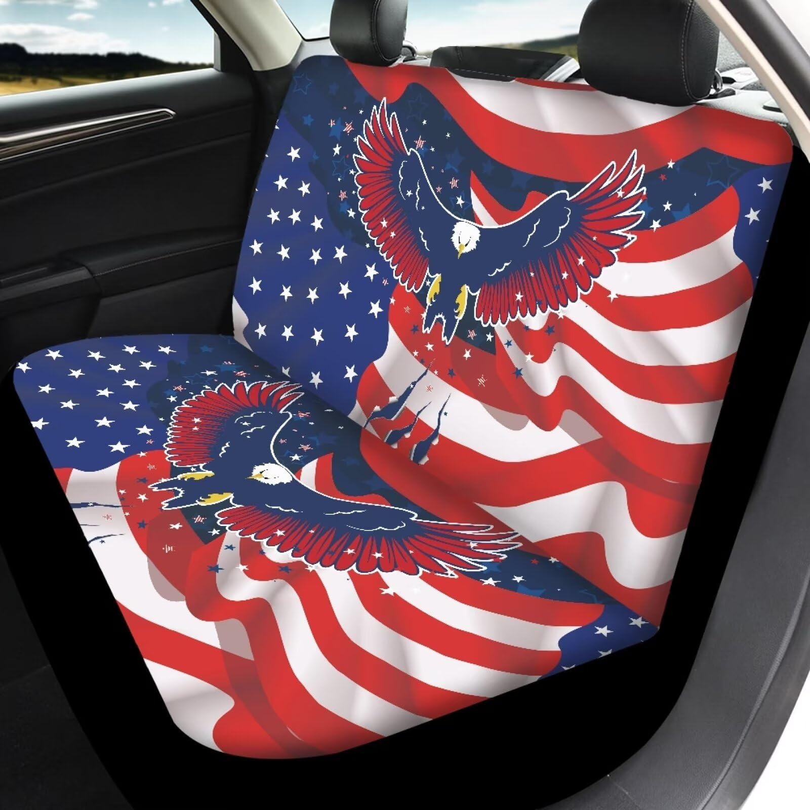 Tomeusey Car Seat Covers 4 Pcs for Women USA Flag Eagle Front and Back Automotive Accessories Seat Covers Soft Vehicle Protector