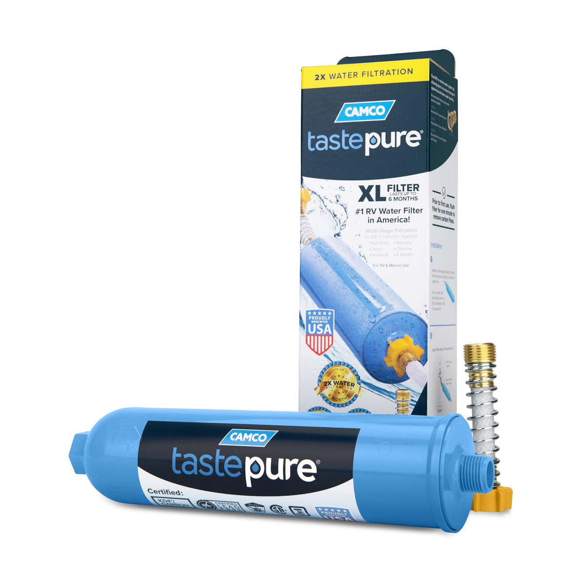 Camco TastePURE XL RV Water Filter - Reliable RV Inline Water Filter with Flexible Hose Protector - GAC & KDF Water Filter - Mad