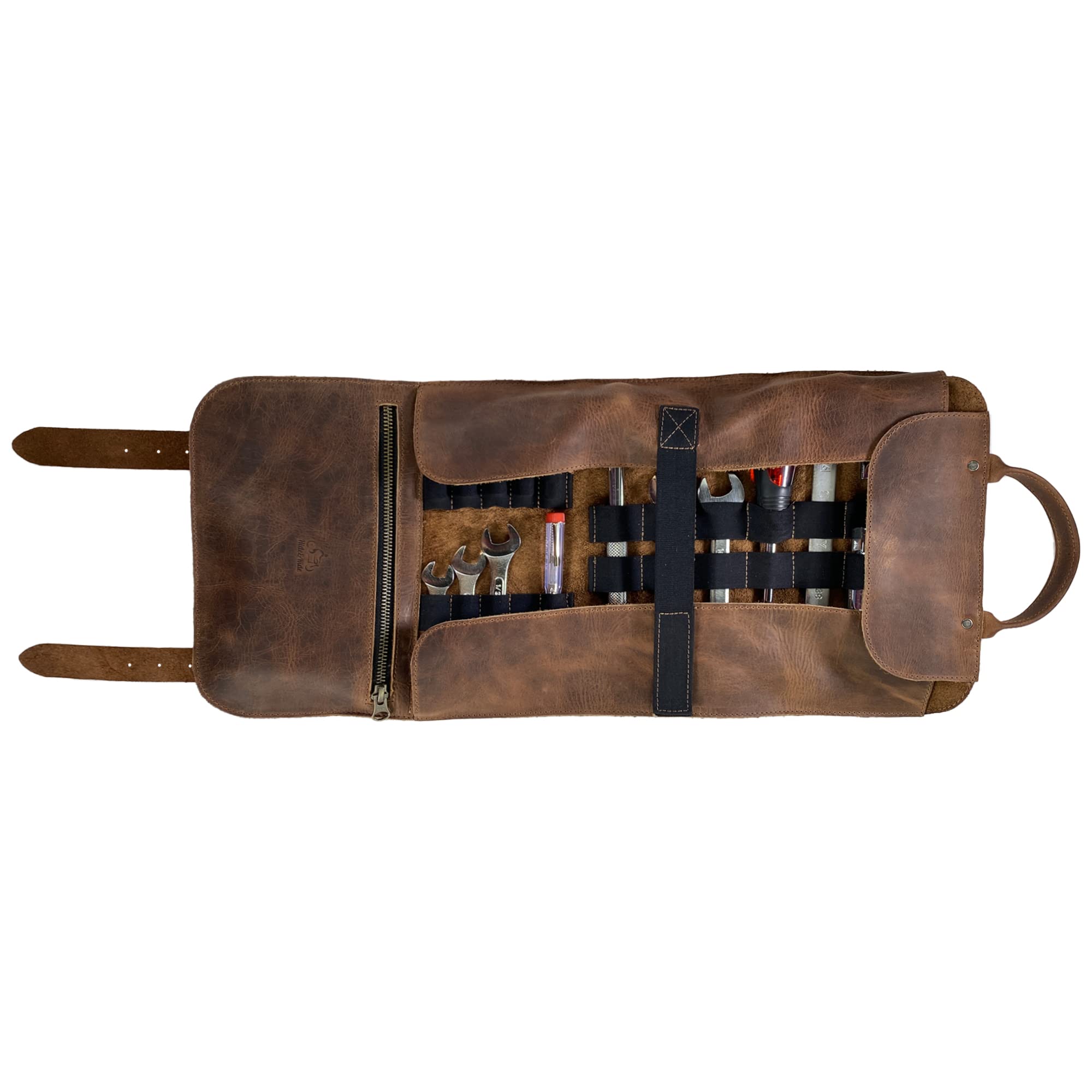 Hide & Ride Motorcycle Tool Roll Bag, Full Grain Leather, Bourbon Brown, 21 x 9.5 inches, Wrench Organizer Saddlebag