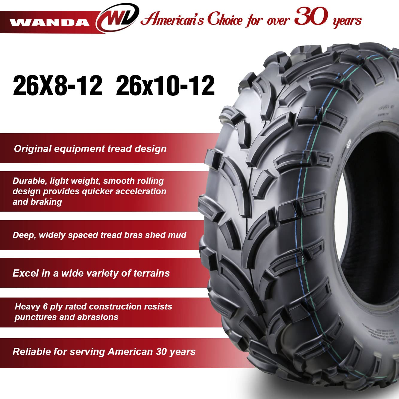 Wanda Set 6 Atv Utv Tires (2) 26X8-12 Front & (4) 26X10-12 Rear 6Pr 6 Wheeler