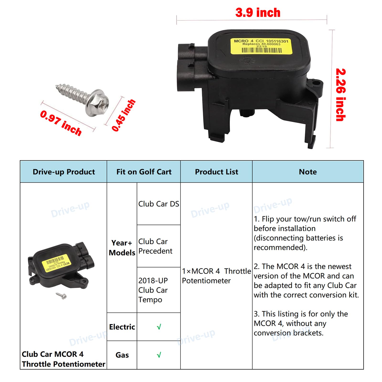 Drive-Up Mcor 4 Conversion Throttle Potentiometer-Fits Club Car Ds/Carryall/Tempo - Am293101, 105116301 (Mcor 4 Throttle Potentiometer)